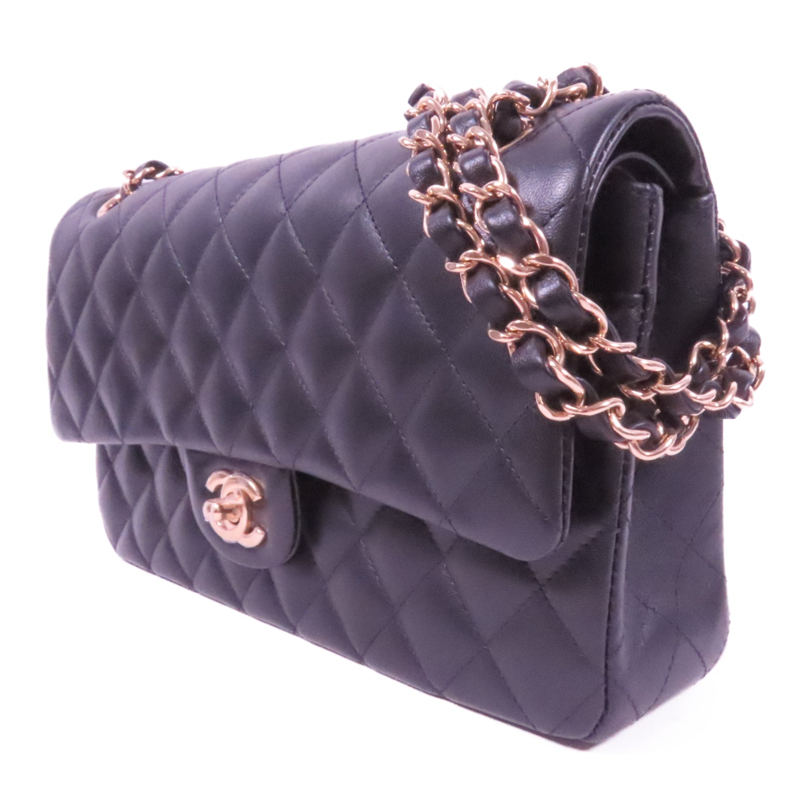 CHANEL 菱格羊皮皮革Classic 25金扣鏈帶肩背袋黑色