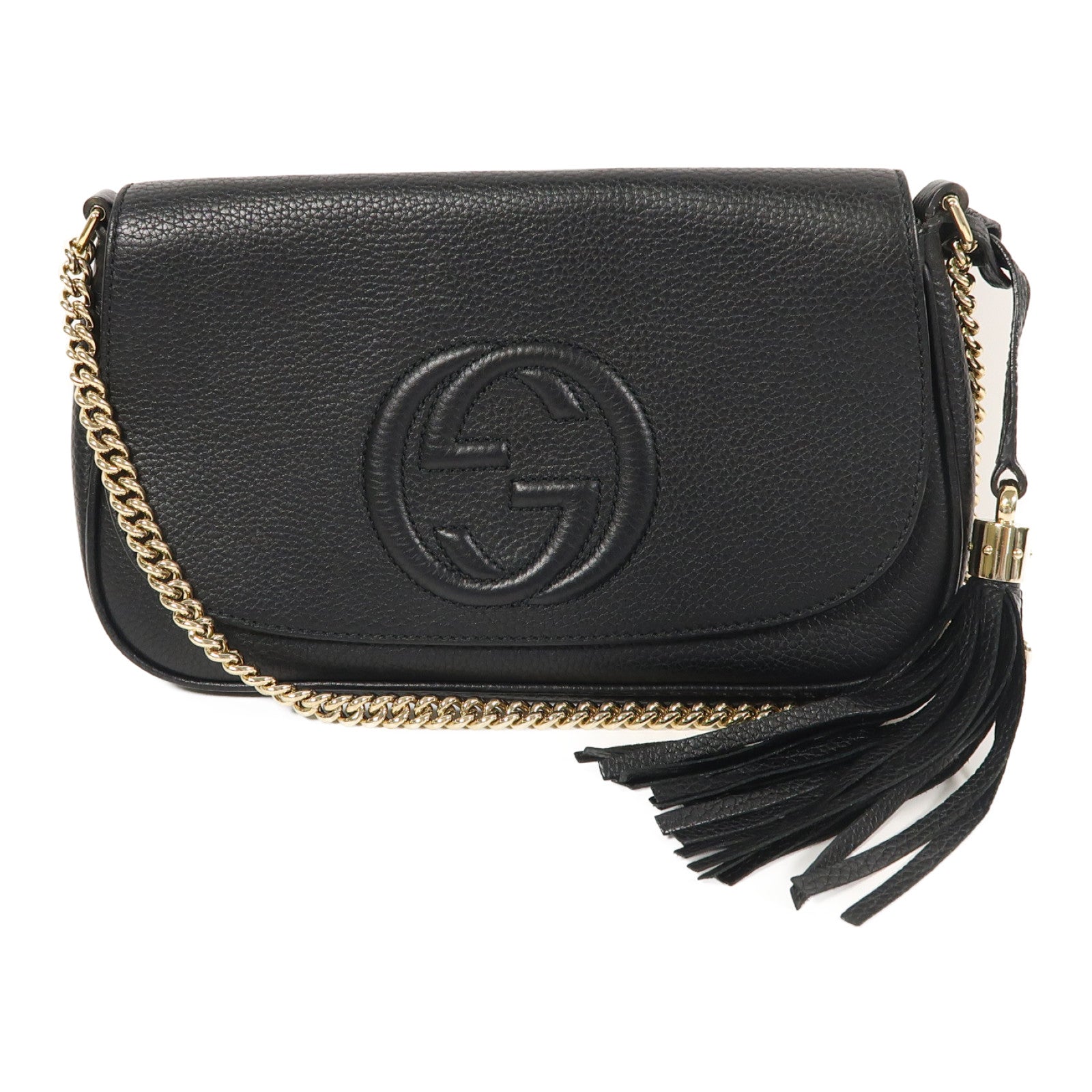 GUCCI 牛皮皮革Shoulder Bag銀扣鏈帶肩背袋黑色