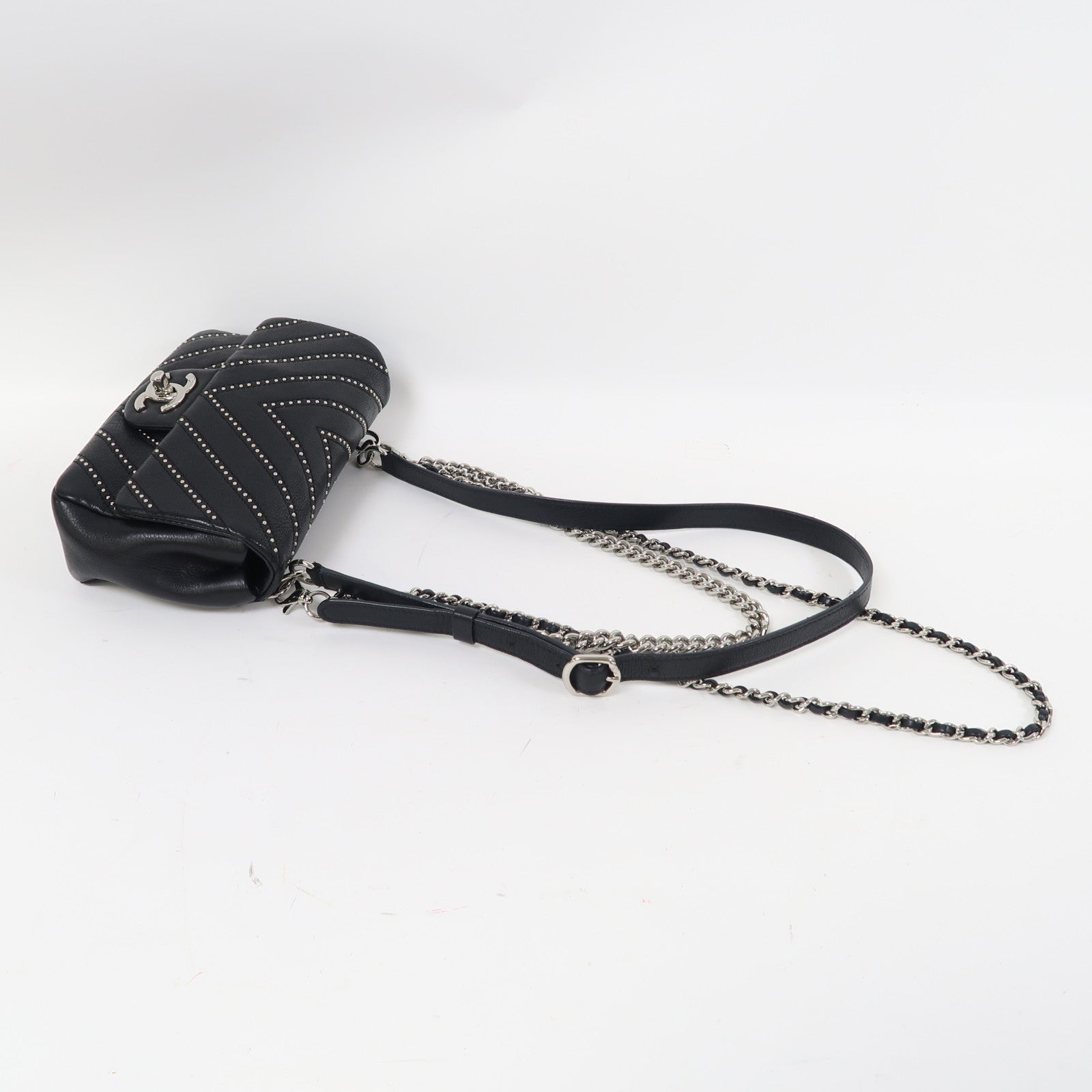 CHANEL 【激減優惠】斜紋羊皮皮革Chain Shoulder Bag銀扣鏈帶肩背袋黑色