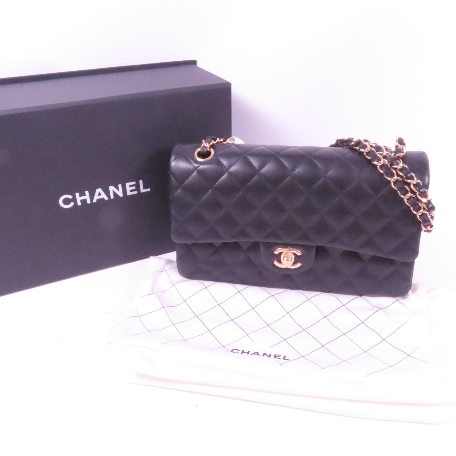 CHANEL 菱格羊皮皮革Classic 25金扣鏈帶肩背袋黑色
