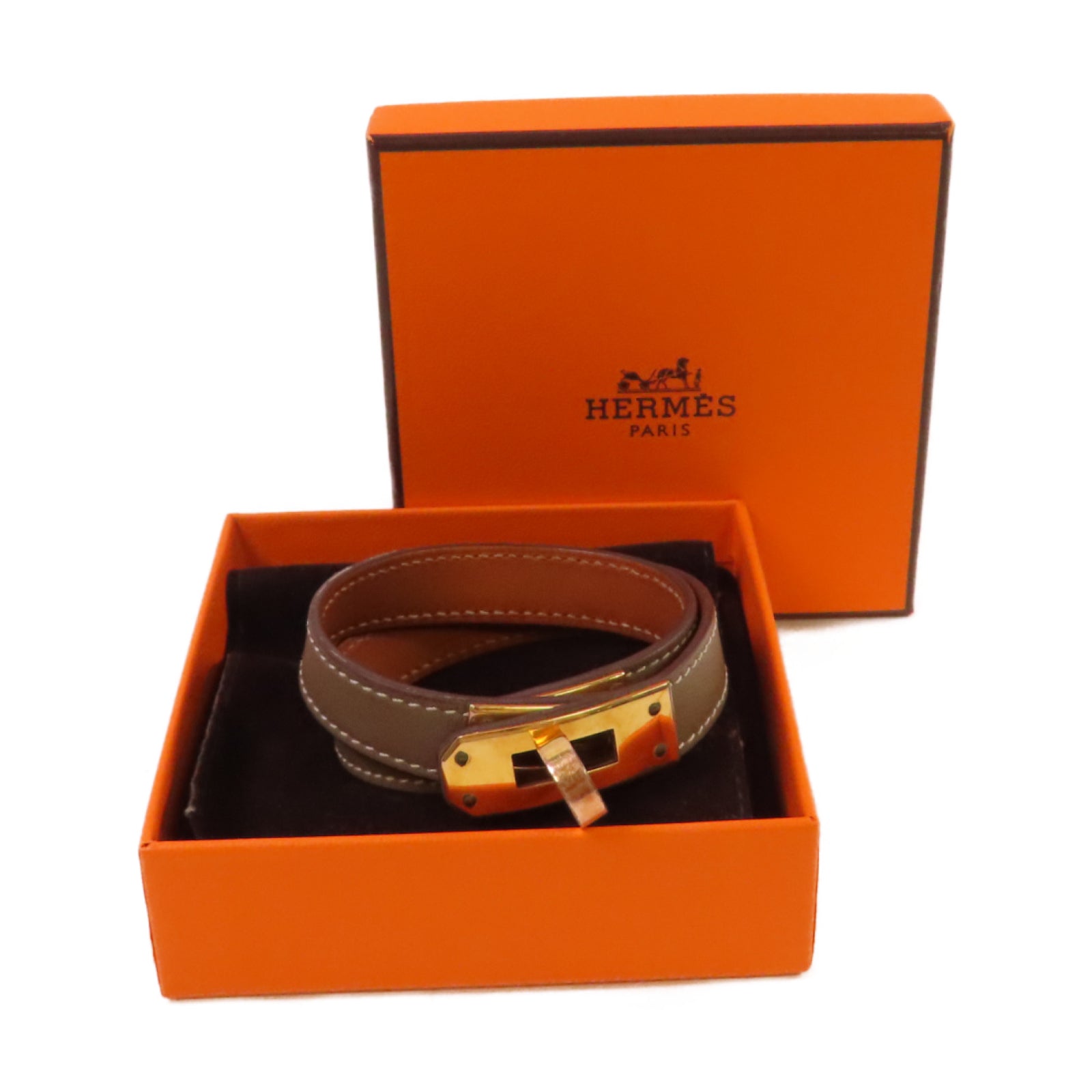 HERMES Swift皮革Kelly Double Tour Bracelet金扣手鐲啡色#T3