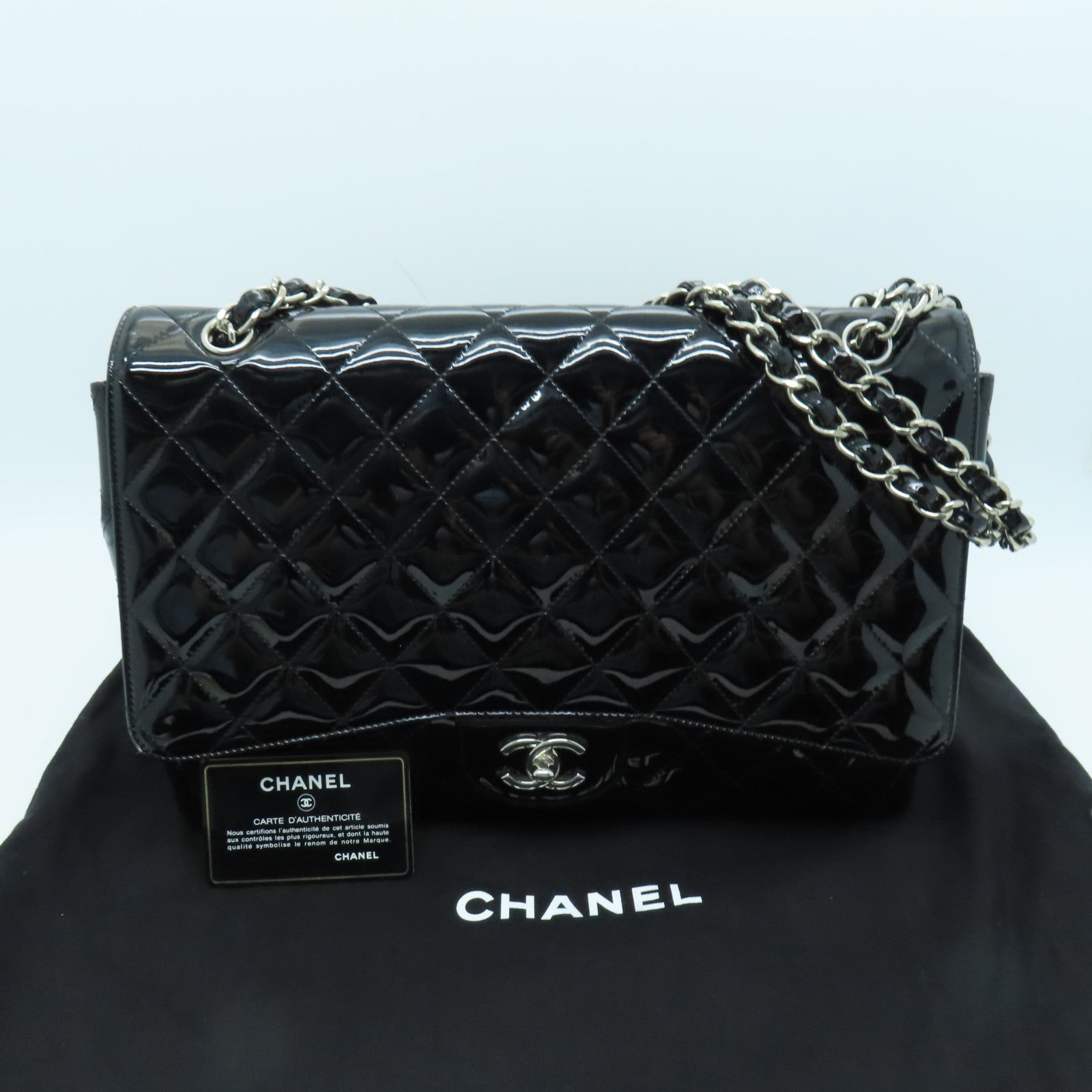 CHANEL diamond patent leather Maxi Single Flap silver buckle chain shoulder bag black