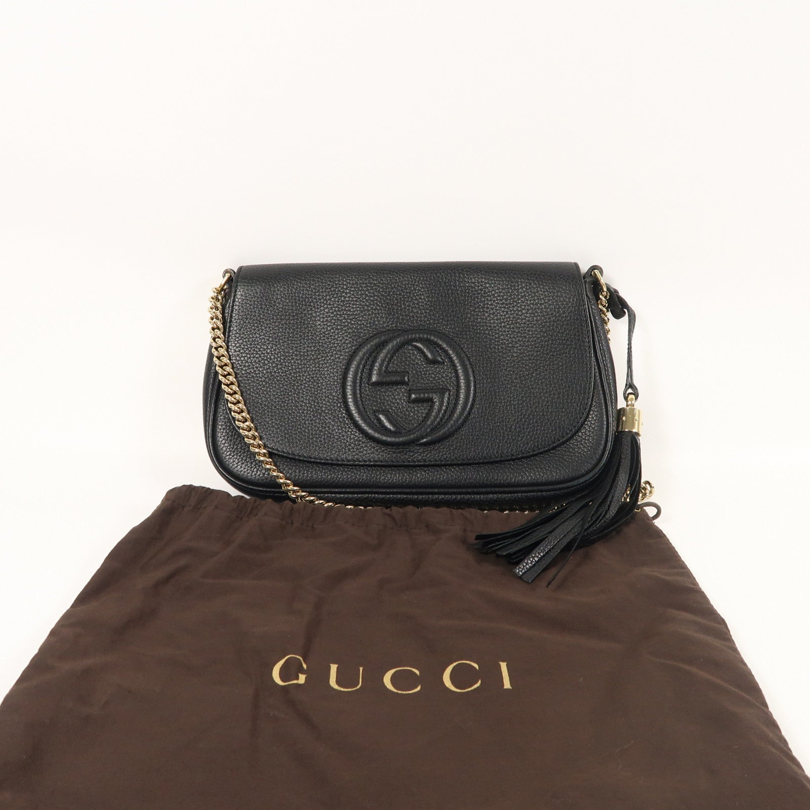 GUCCI 牛皮皮革Shoulder Bag銀扣鏈帶肩背袋黑色