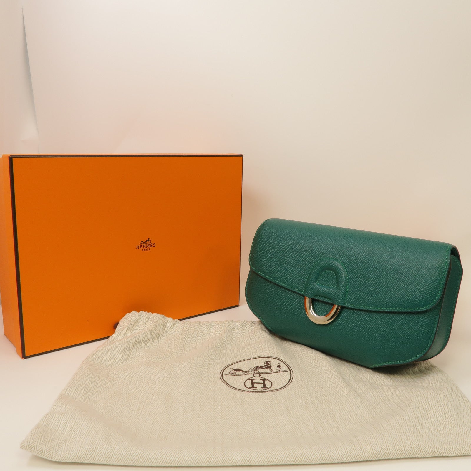 HERMES 【激減優惠】Epsom皮革Cherche Midi 22金扣手拿包孔雀綠色