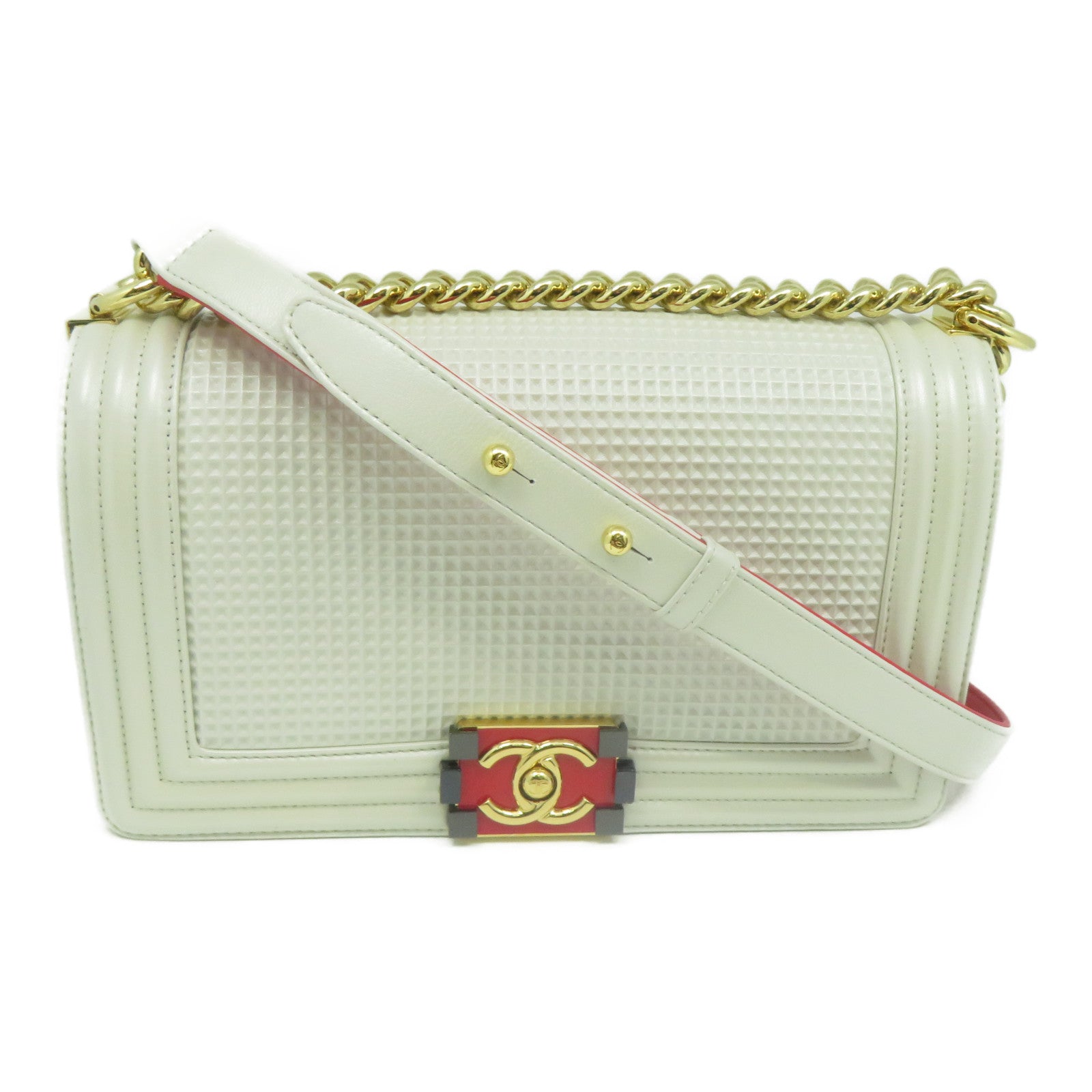 CHANEL **【清倉大減價】牛皮皮革Boy金扣鏈帶肩背袋白色/紅色