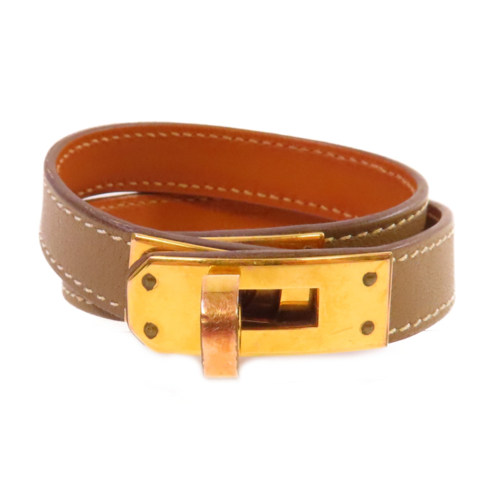 HERMES Swift皮革Kelly Double Tour Bracelet金扣手鐲啡色#T3