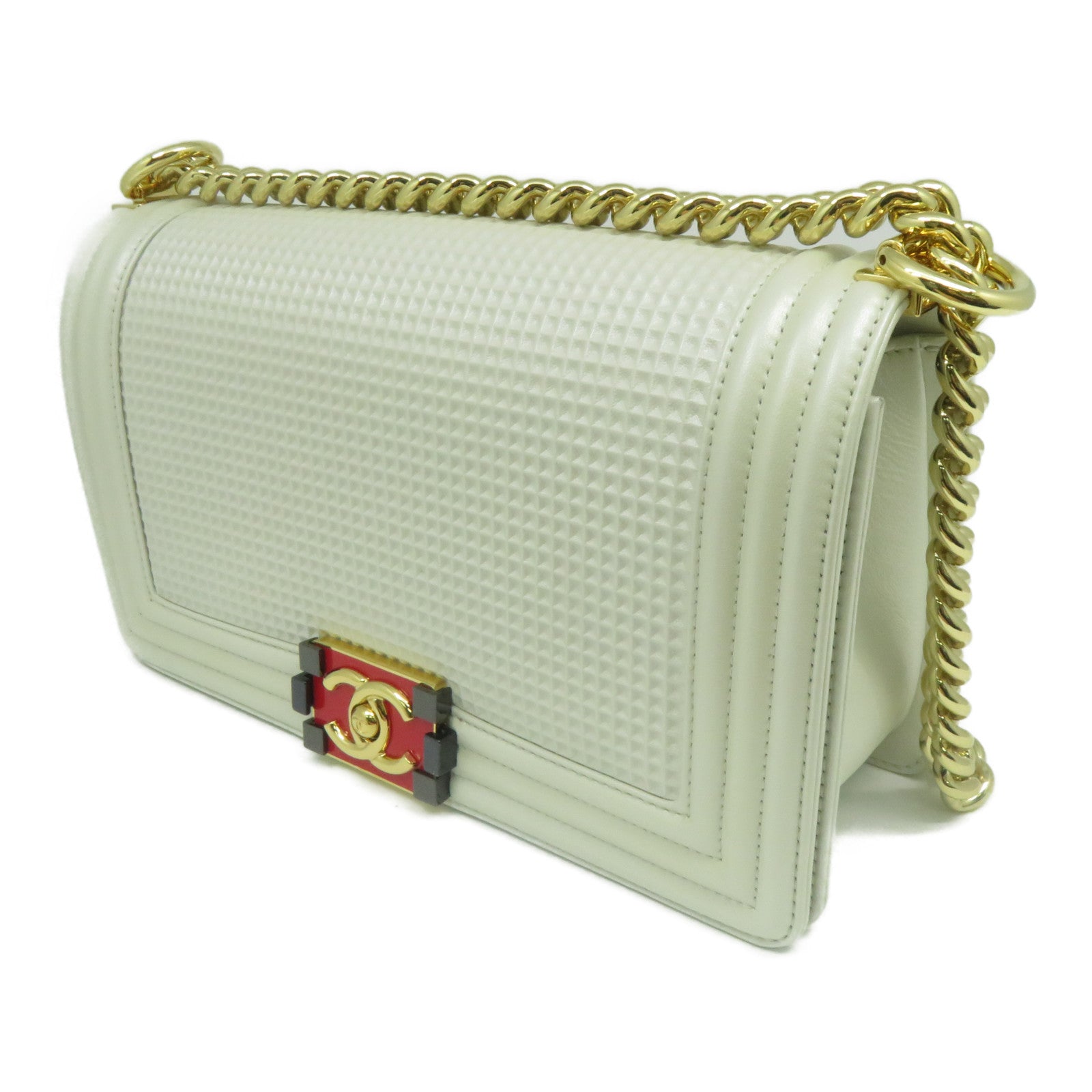 CHANEL **【清倉大減價】牛皮皮革Boy金扣鏈帶肩背袋白色/紅色