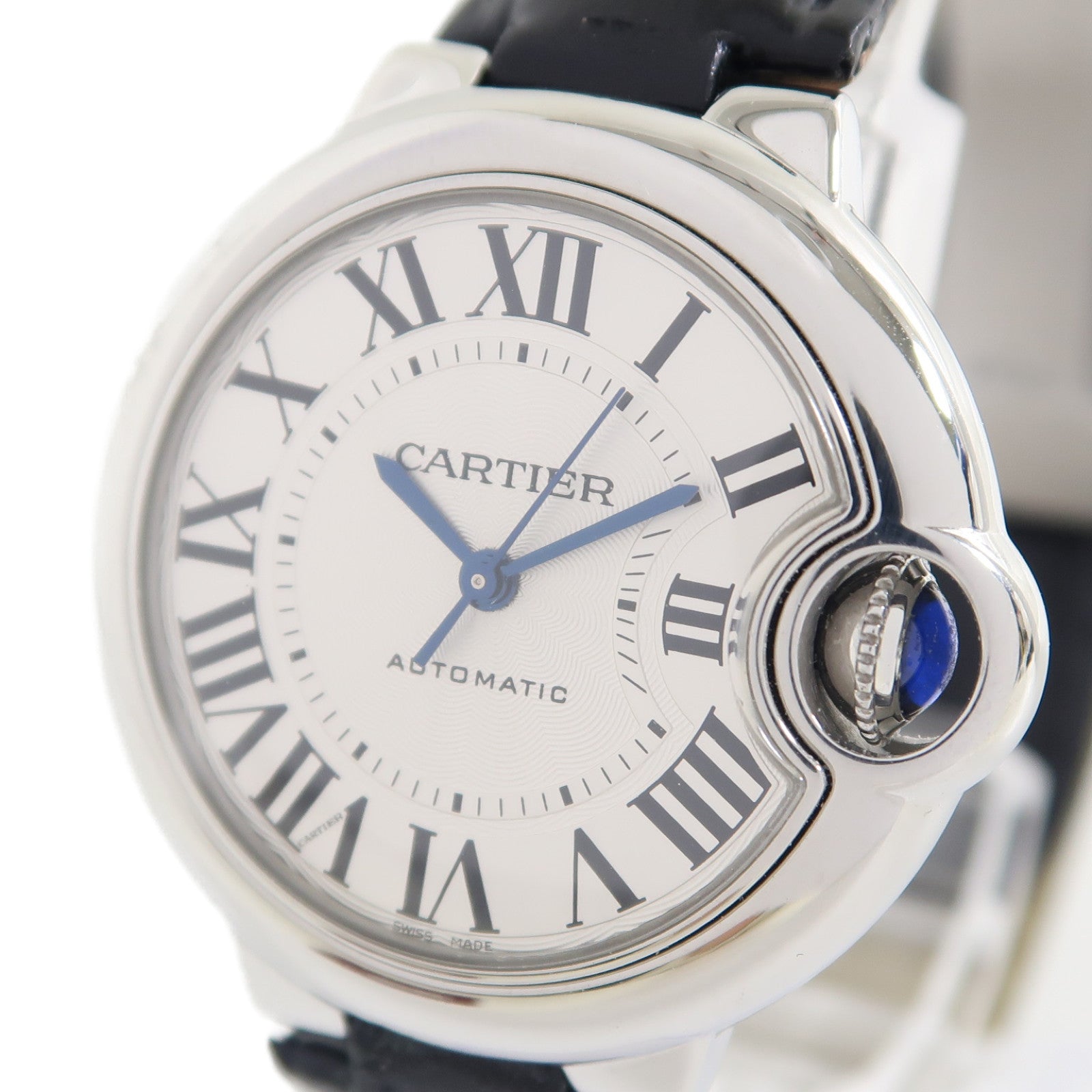 CARTIER Ballon Bleu不鏽鋼/皮革帶手錶自動機芯銀色