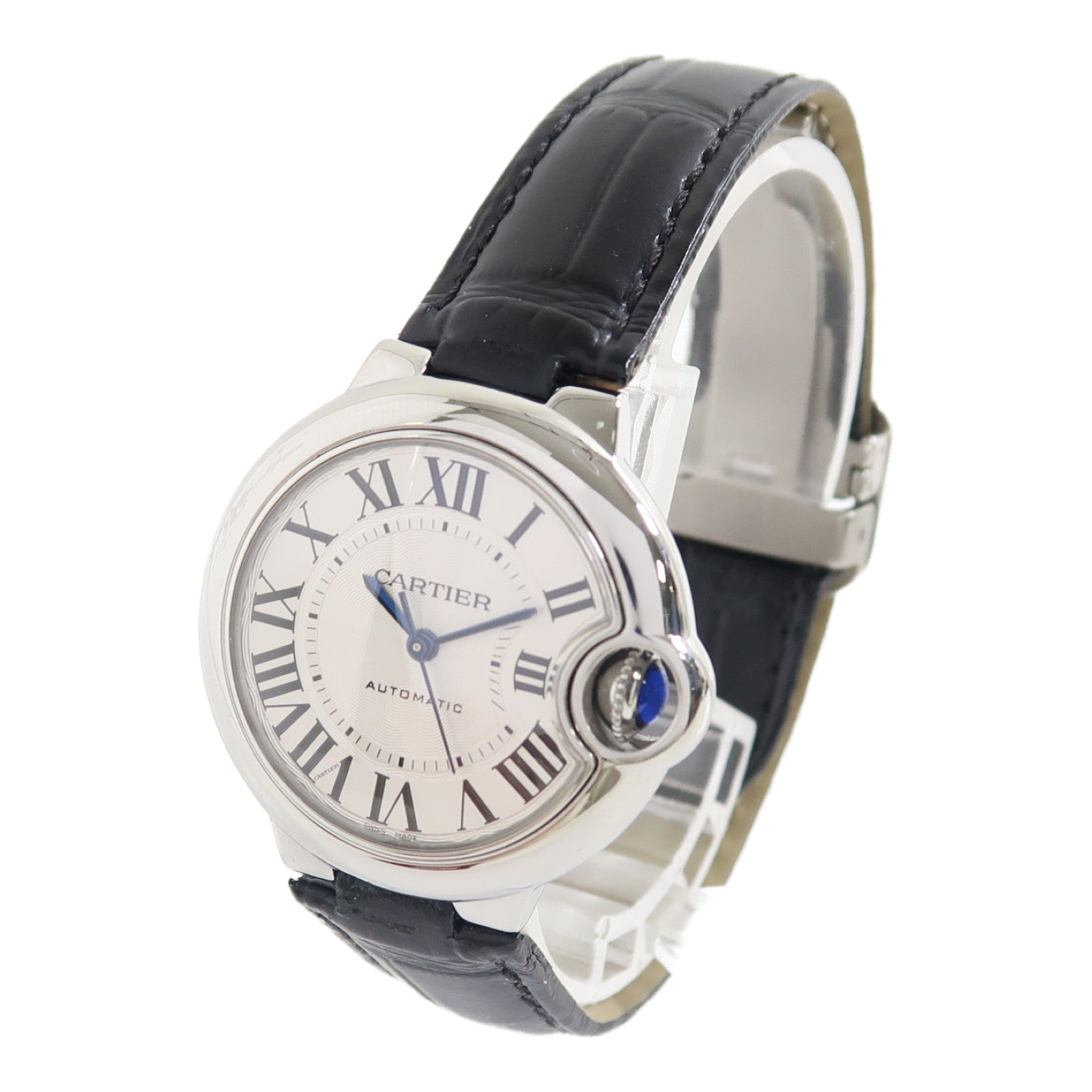 CARTIER Ballon Bleu不鏽鋼/皮革帶手錶自動機芯銀色