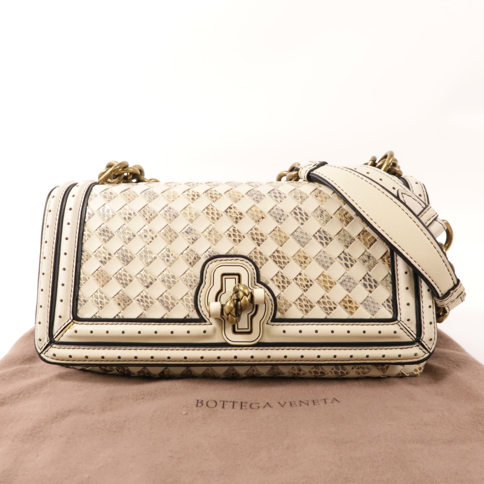BOTTEGA VENETA 牛皮皮革/蛇皮皮革Chain Shoulder金扣肩背袋