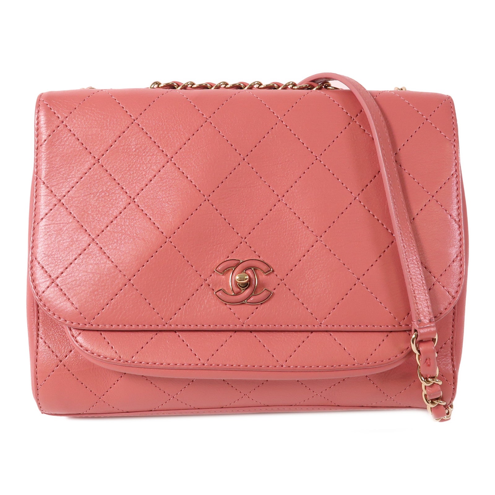 CHANEL 牛皮皮革Chain Shoulder金扣鏈帶肩背袋