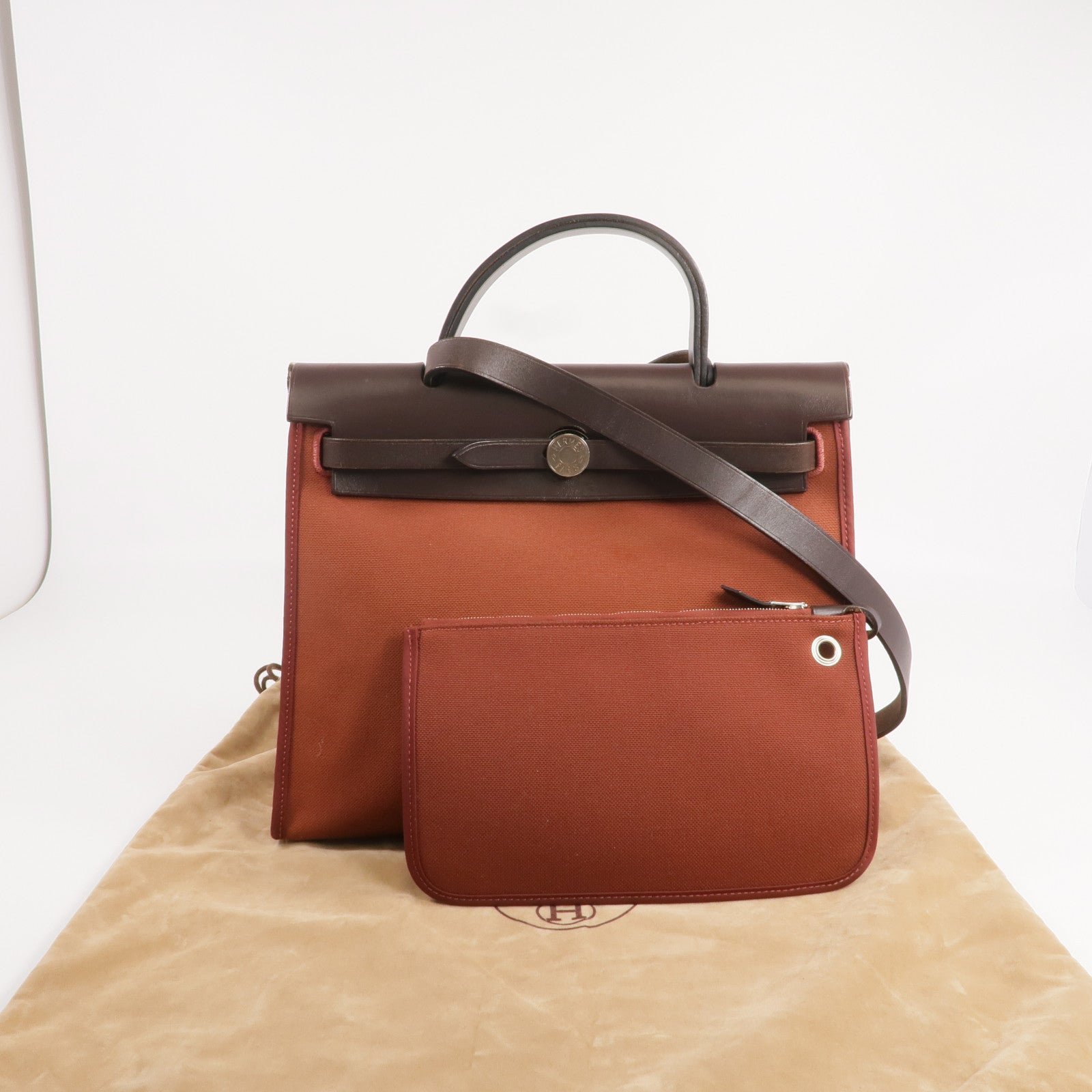 HERMES 帆布/皮革Herbag PM銀扣手挽肩背兩用袋Rouge Garance