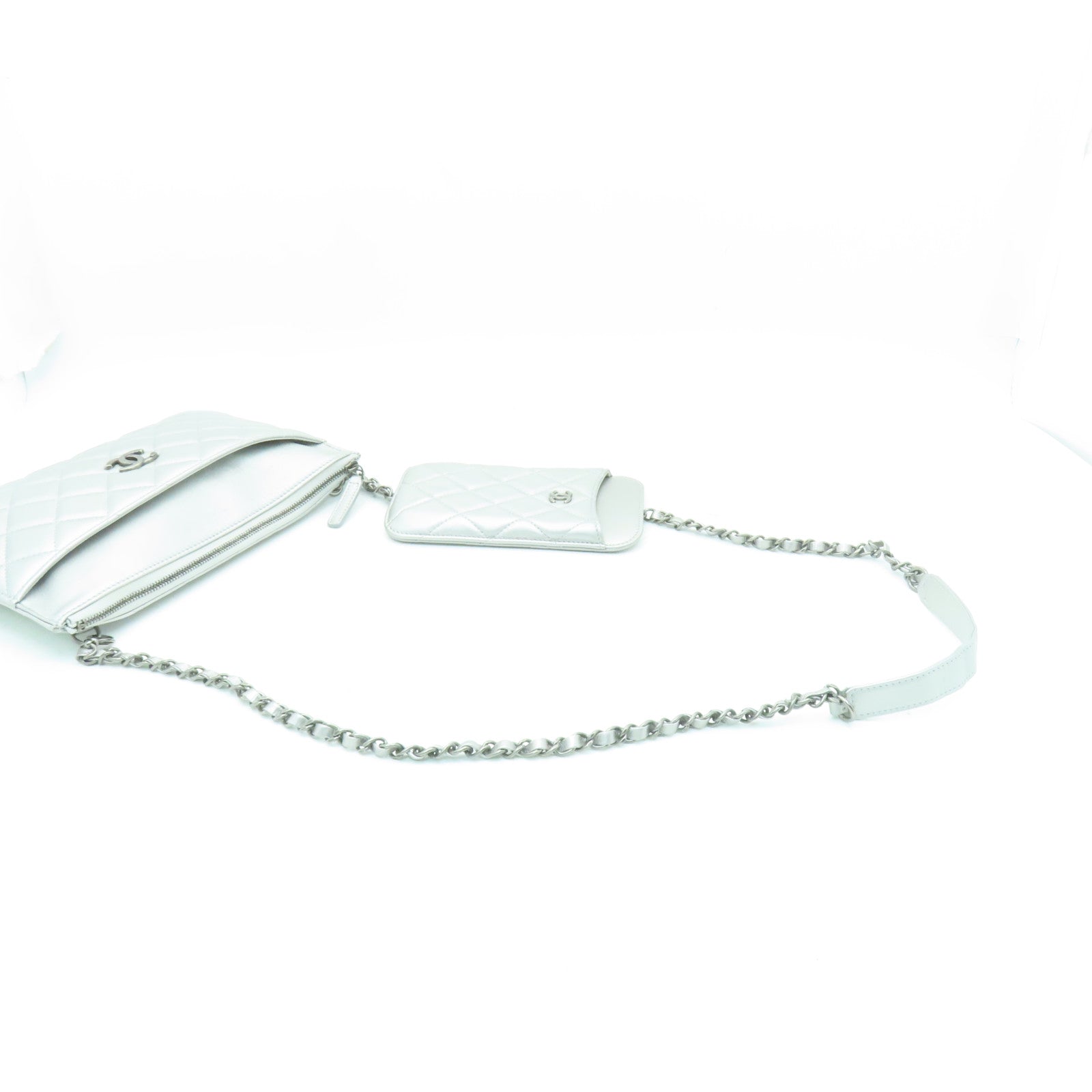 CHANEL **【激減優惠】菱格羊皮皮革Chain Shoulder Bag銀扣鏈帶肩背袋銀色