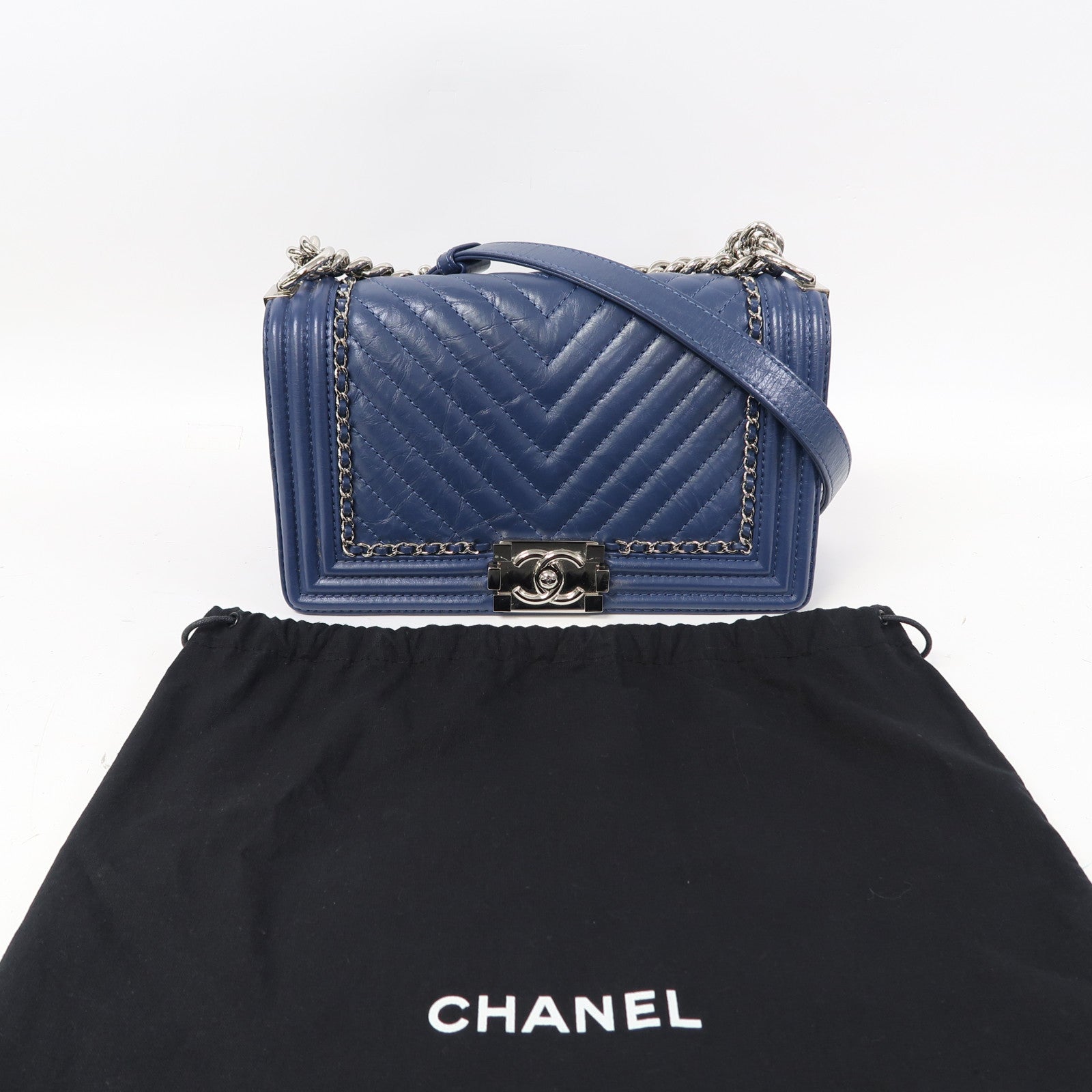 CHANEL 斜紋牛皮皮革Boy 25銀扣鏈帶肩背袋藍色