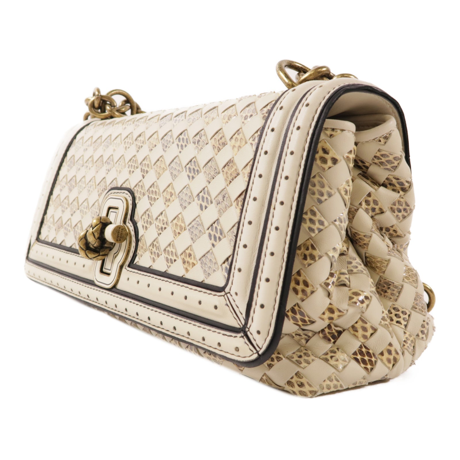 BOTTEGA VENETA 牛皮皮革/蛇皮皮革Chain Shoulder金扣肩背袋