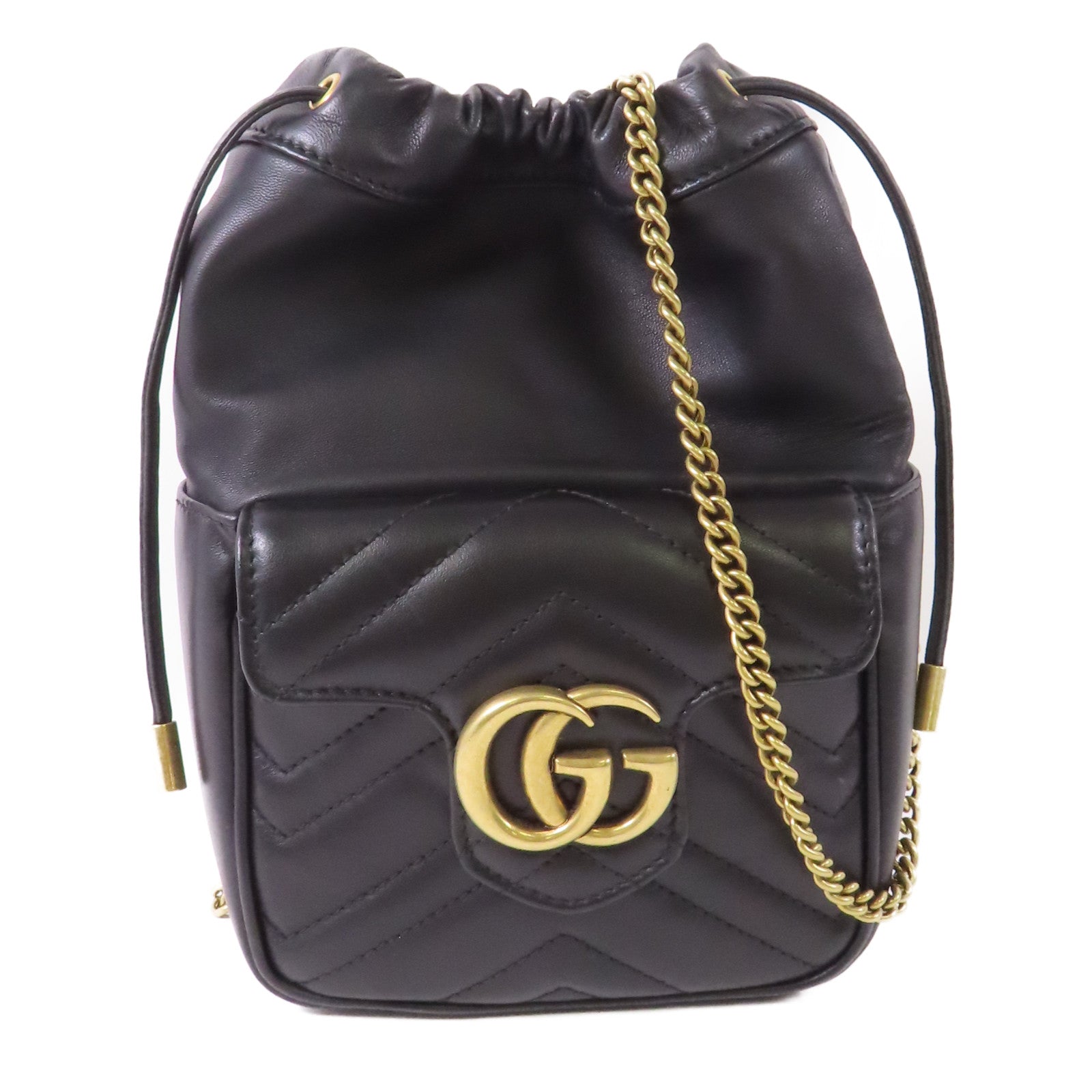 GUCCI GG GHW GG Marmont Mini Bucket Shoulder Chain Bag Calfskin Leather Black