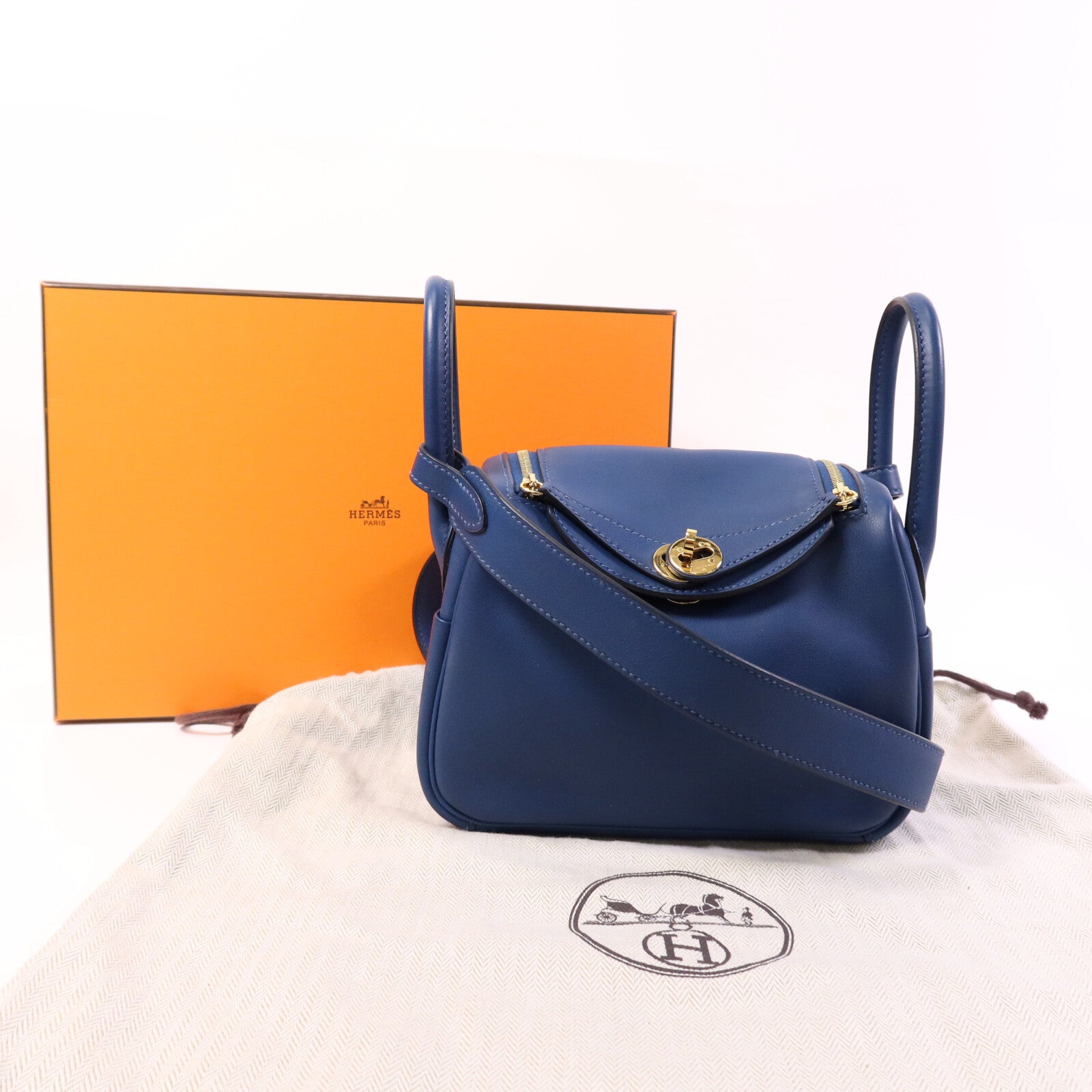 HERMES 【激減優惠】Swift皮革Mini Lindy金扣手挽肩背兩用袋Deep Blue