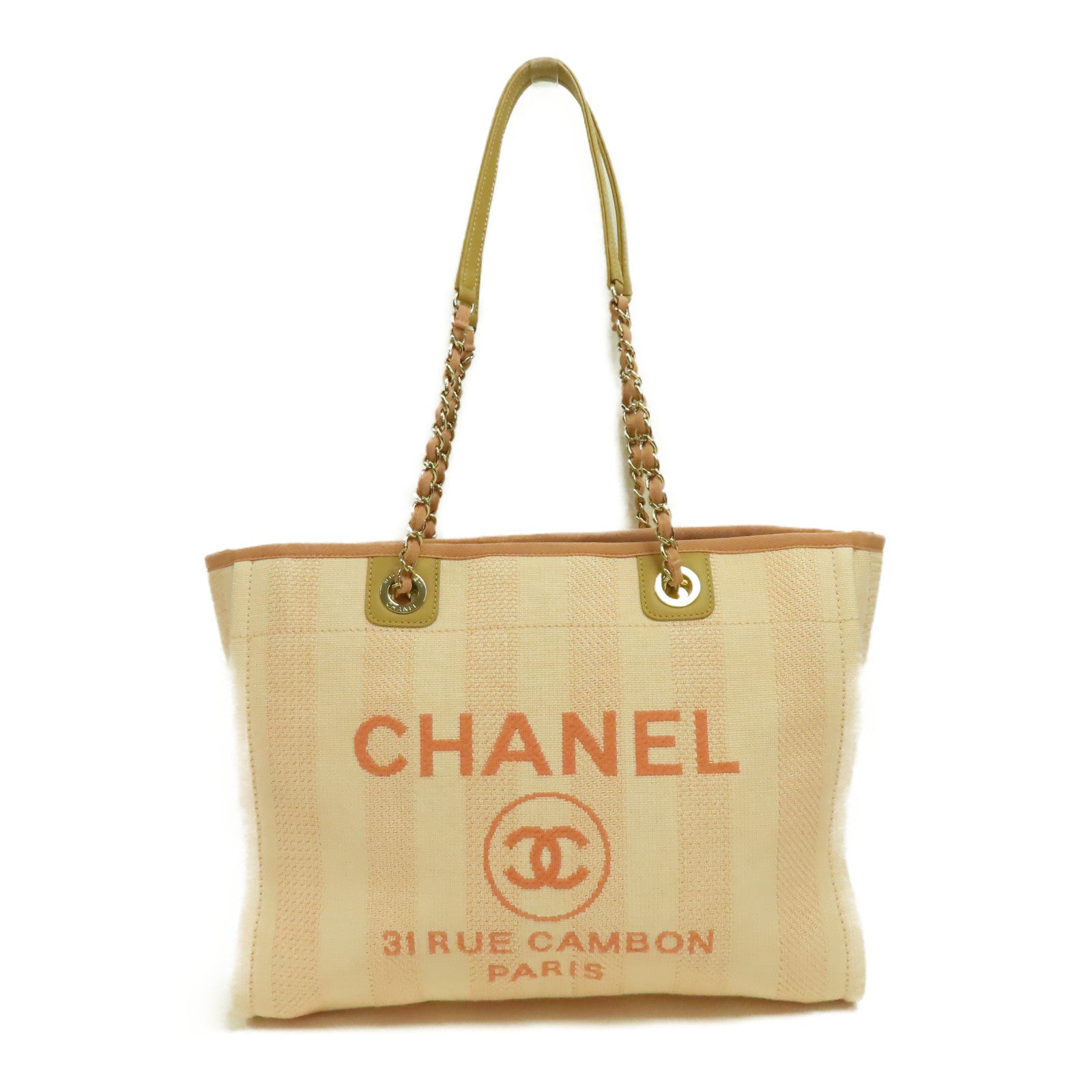CHANEL 【激減優惠】帆布Deauville Tote金扣鏈帶手挽袋粉紅色