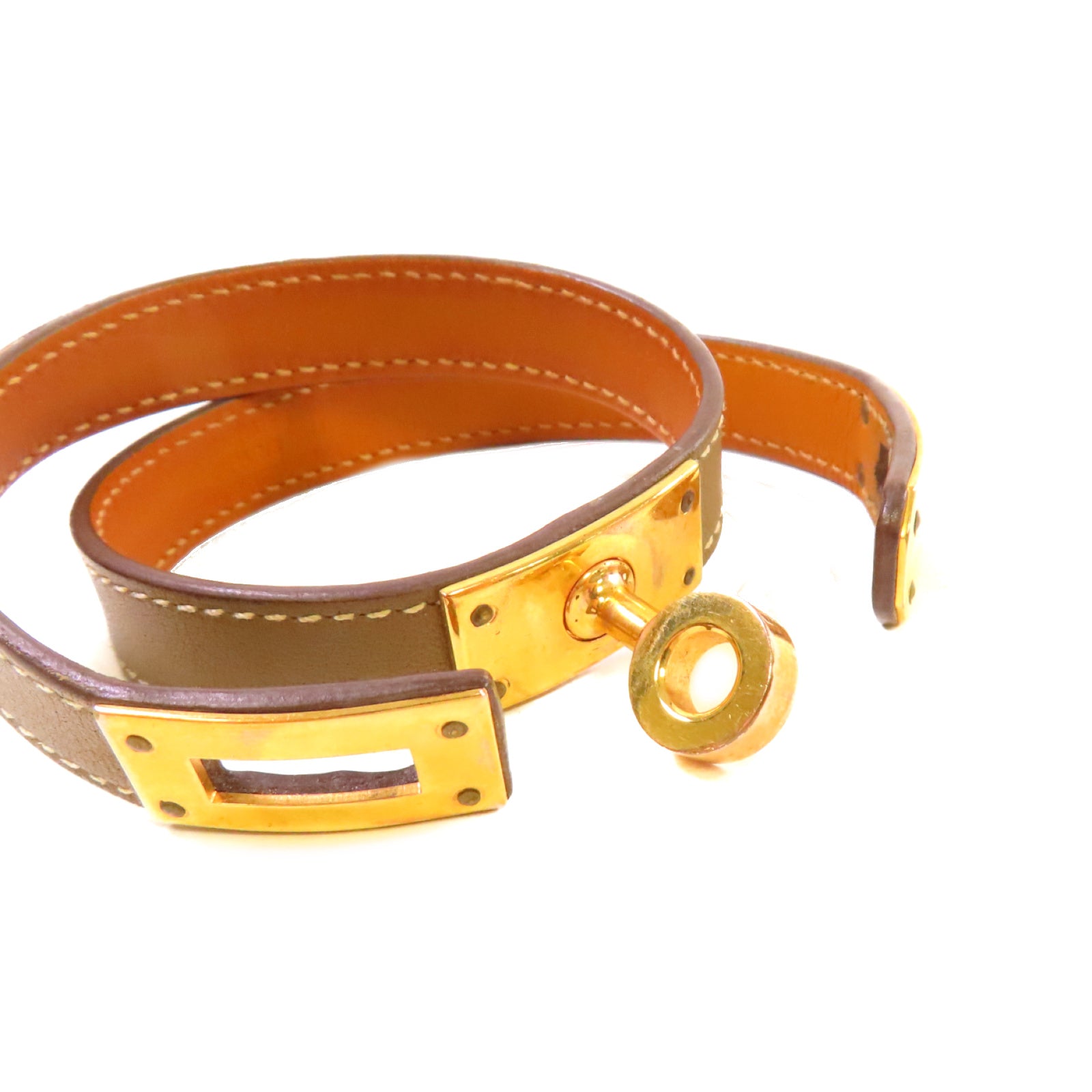 HERMES Swift皮革Kelly Double Tour Bracelet金扣手鐲啡色#T3
