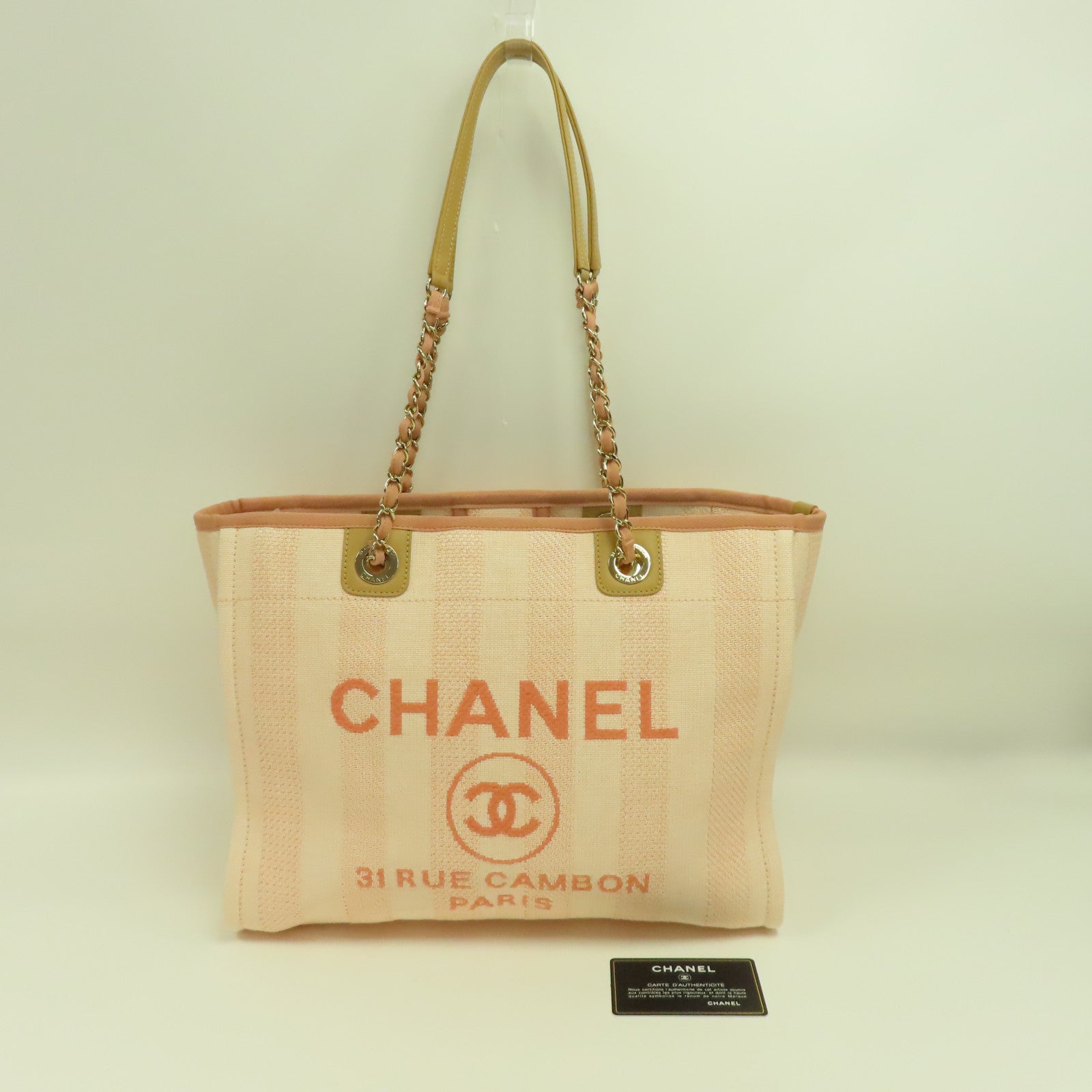 CHANEL 【激減優惠】帆布Deauville Tote金扣鏈帶手挽袋粉紅色