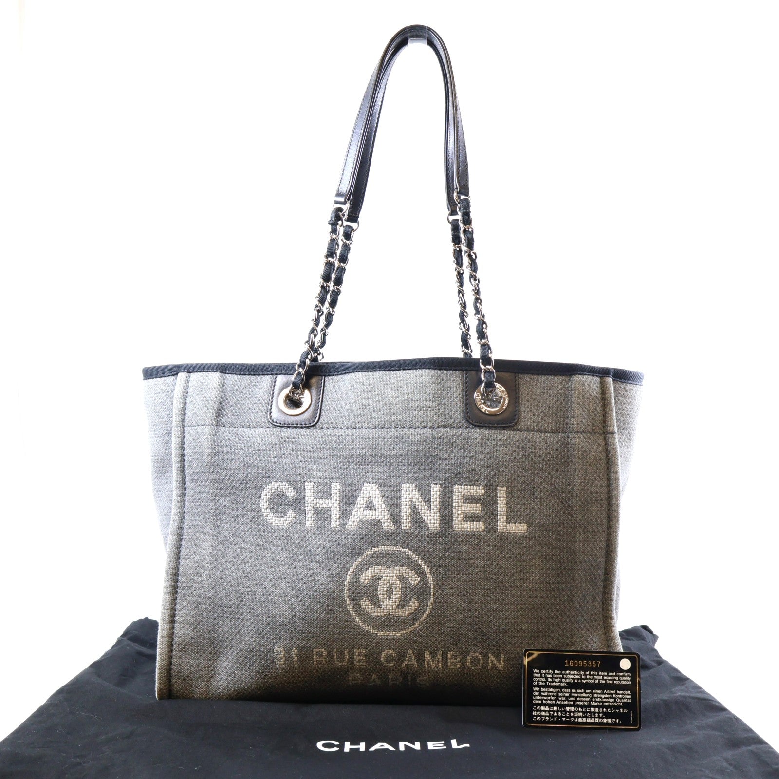 CHANEL 帆布Tote Bag銀扣肩背袋灰色/黑色
