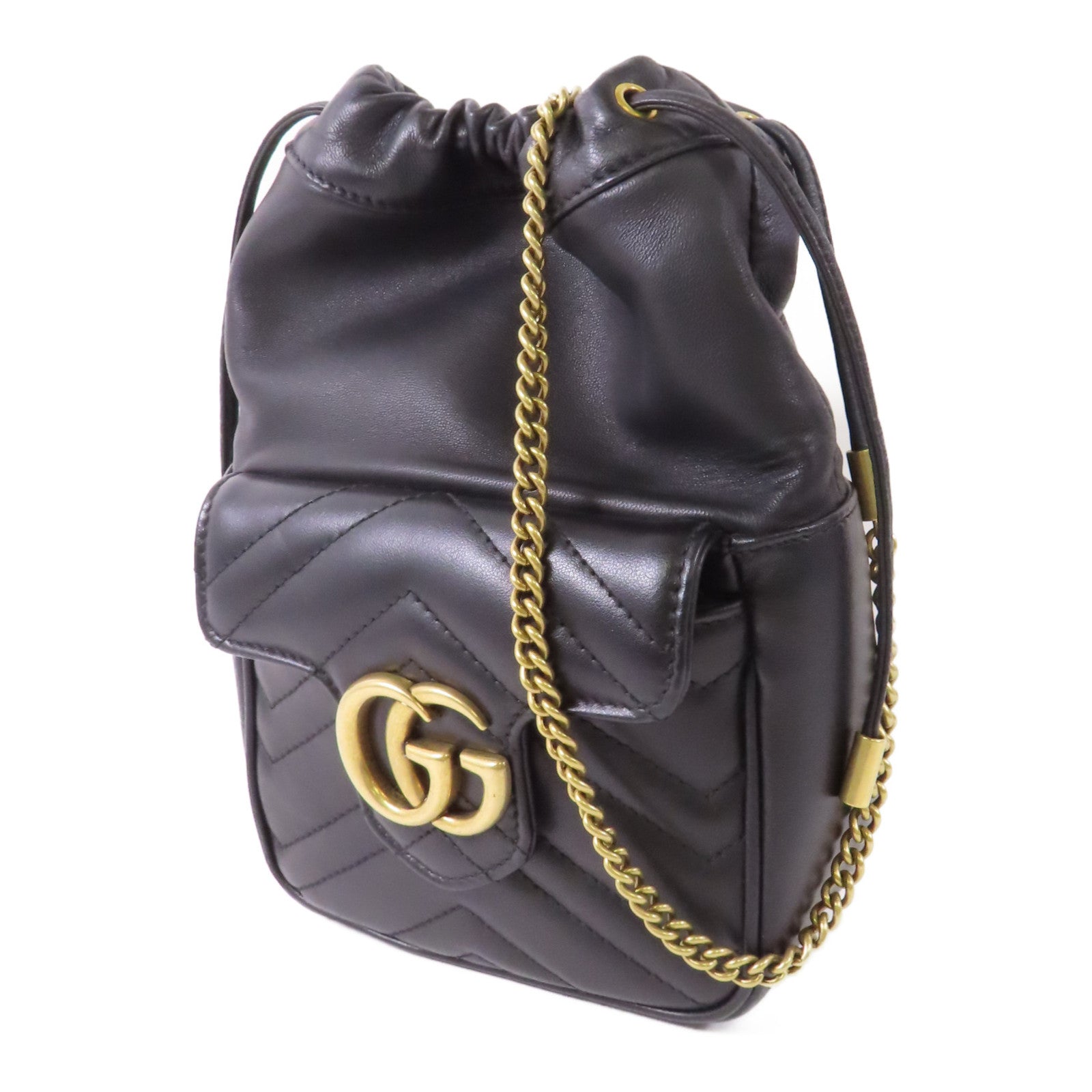 GUCCI GG GHW GG Marmont Mini Bucket Shoulder Chain Bag Calfskin Leather Black