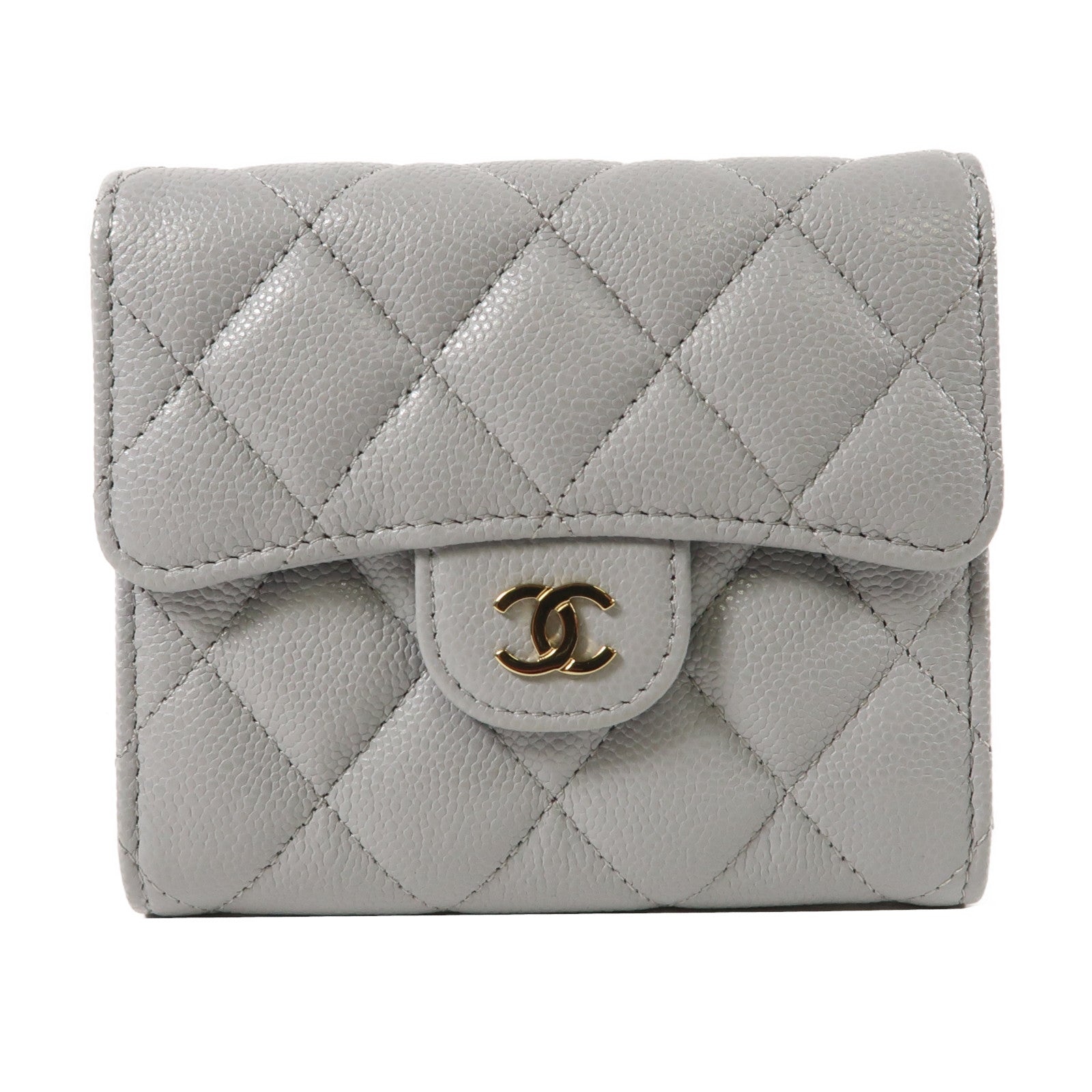 CHANEL 菱格Caviar Classic Fold Wallet金扣折疊錢包灰色