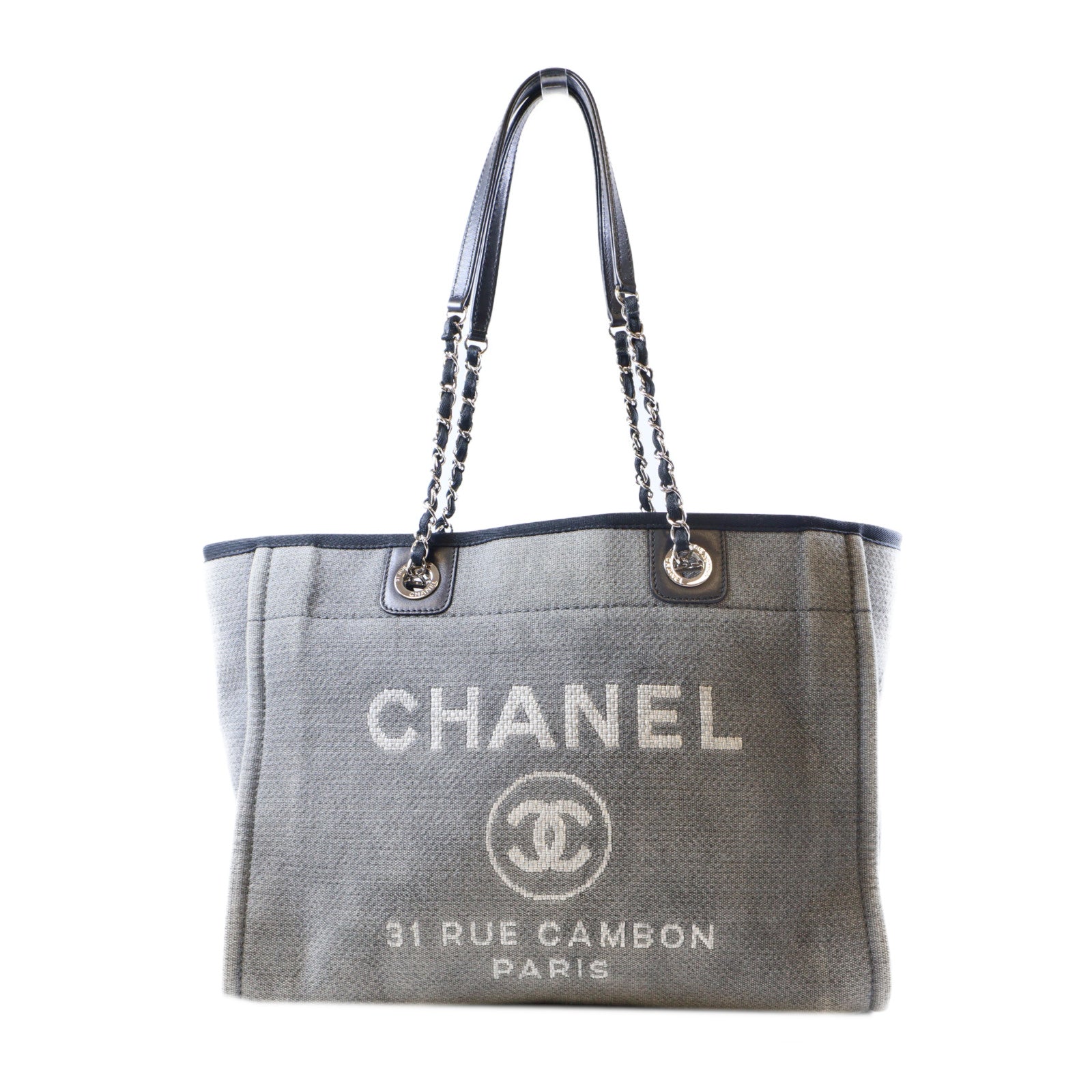 CHANEL 帆布Tote Bag銀扣肩背袋灰色/黑色