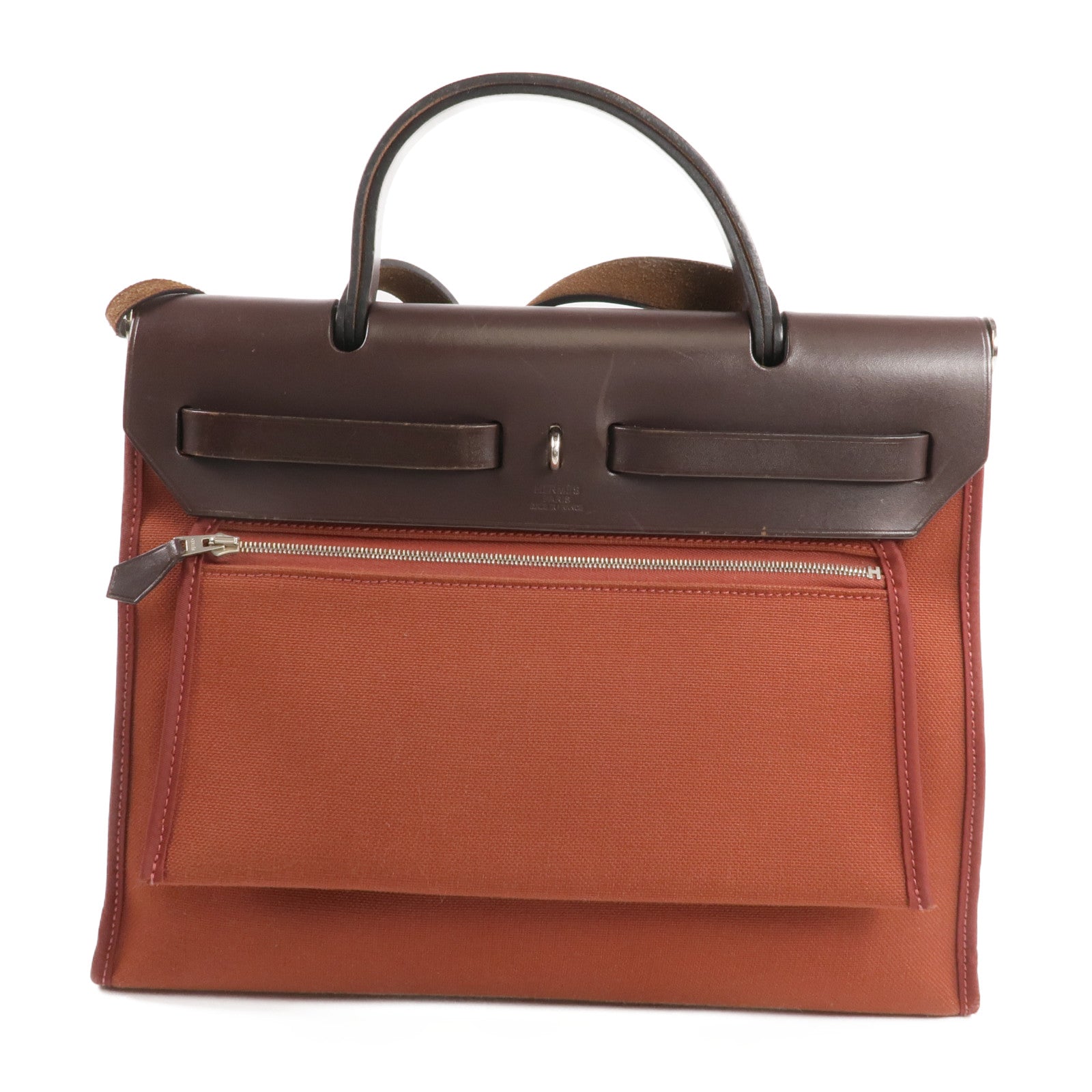 HERMES 帆布/皮革Herbag PM銀扣手挽肩背兩用袋Rouge Garance