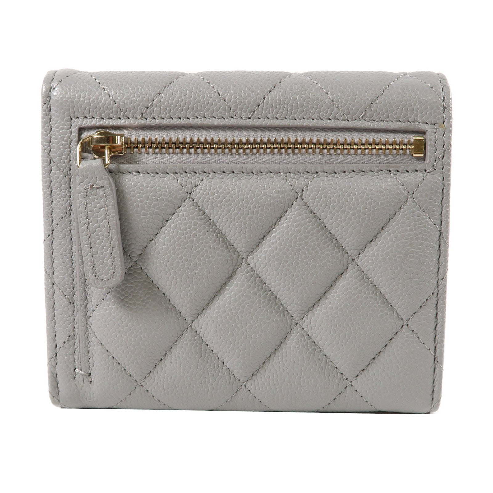 CHANEL 菱格Caviar Classic Fold Wallet金扣折疊錢包灰色