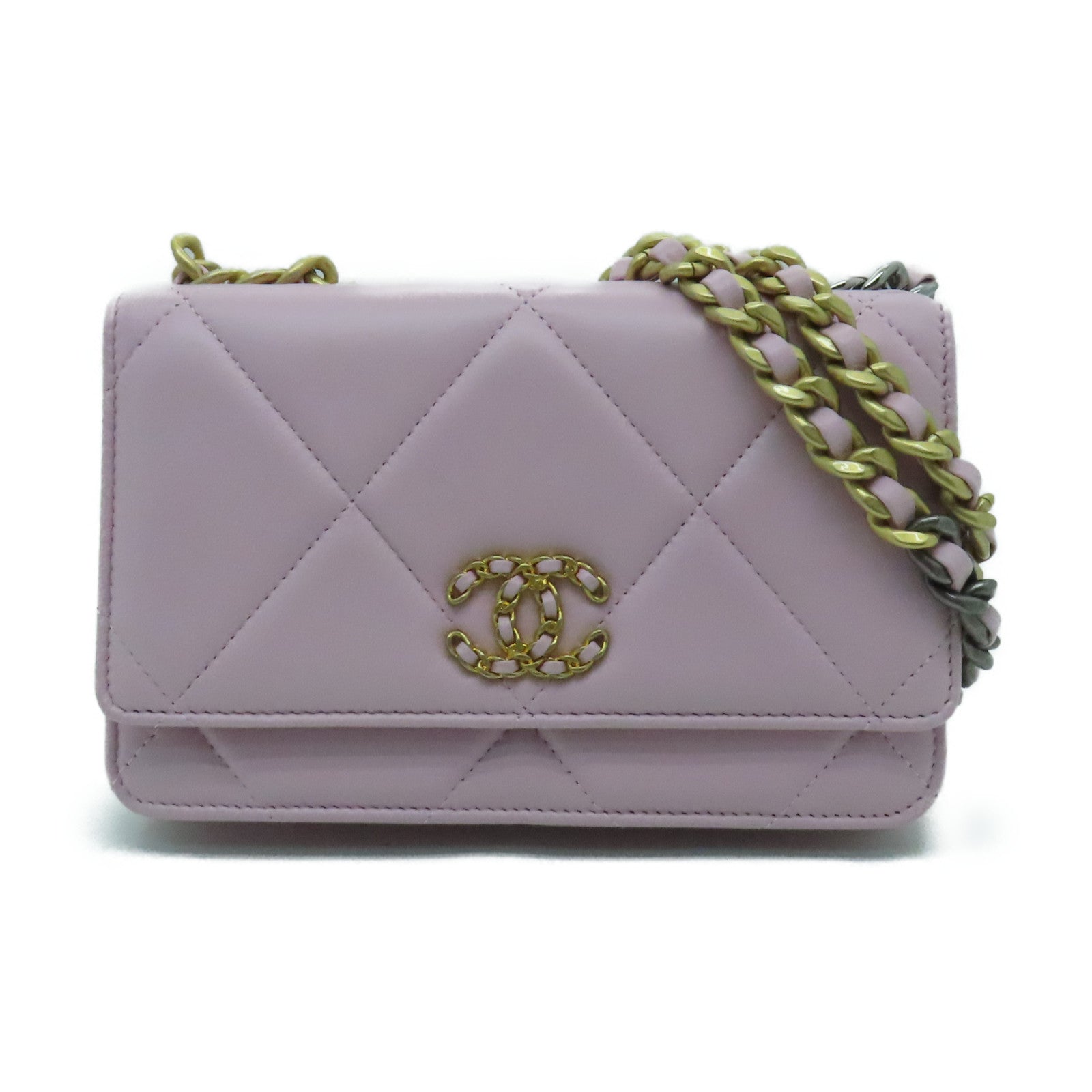 CHANEL 【激減優惠】菱格羊皮皮革C19 Wallet On Chain金扣鏈帶肩背袋粉色