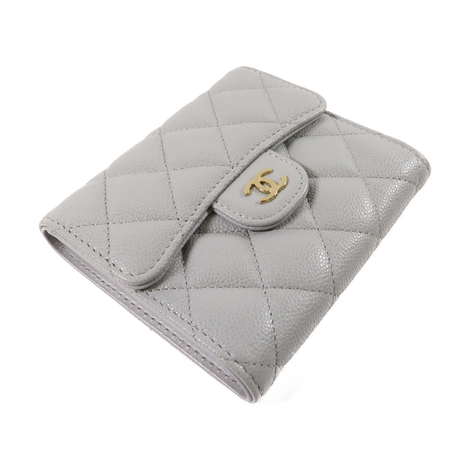 CHANEL 菱格Caviar Classic Fold Wallet金扣折疊錢包灰色