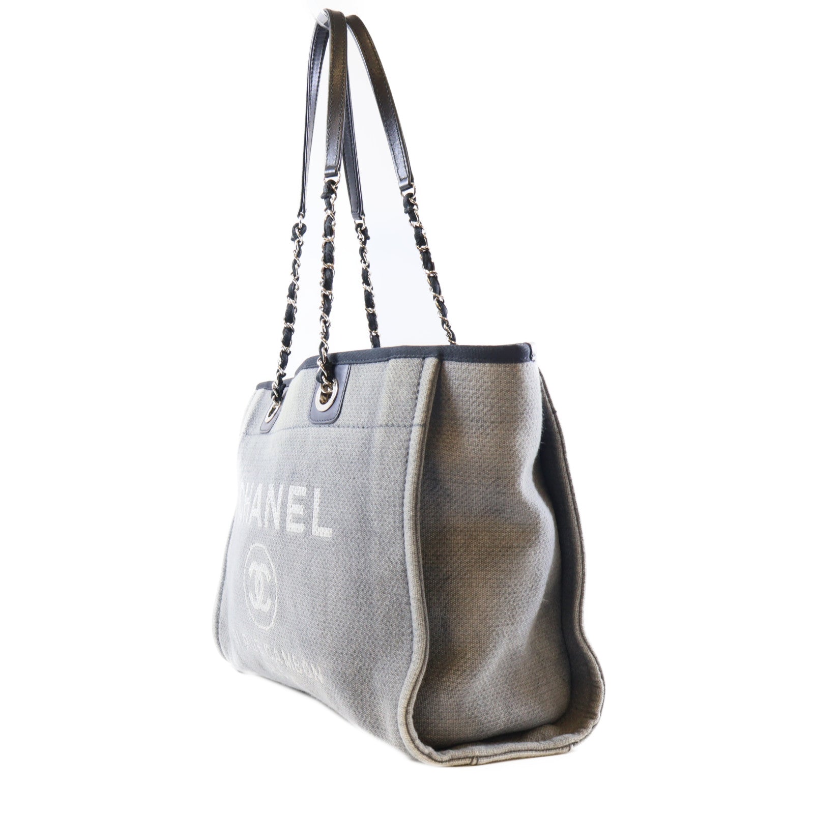 CHANEL 帆布Tote Bag銀扣肩背袋灰色/黑色