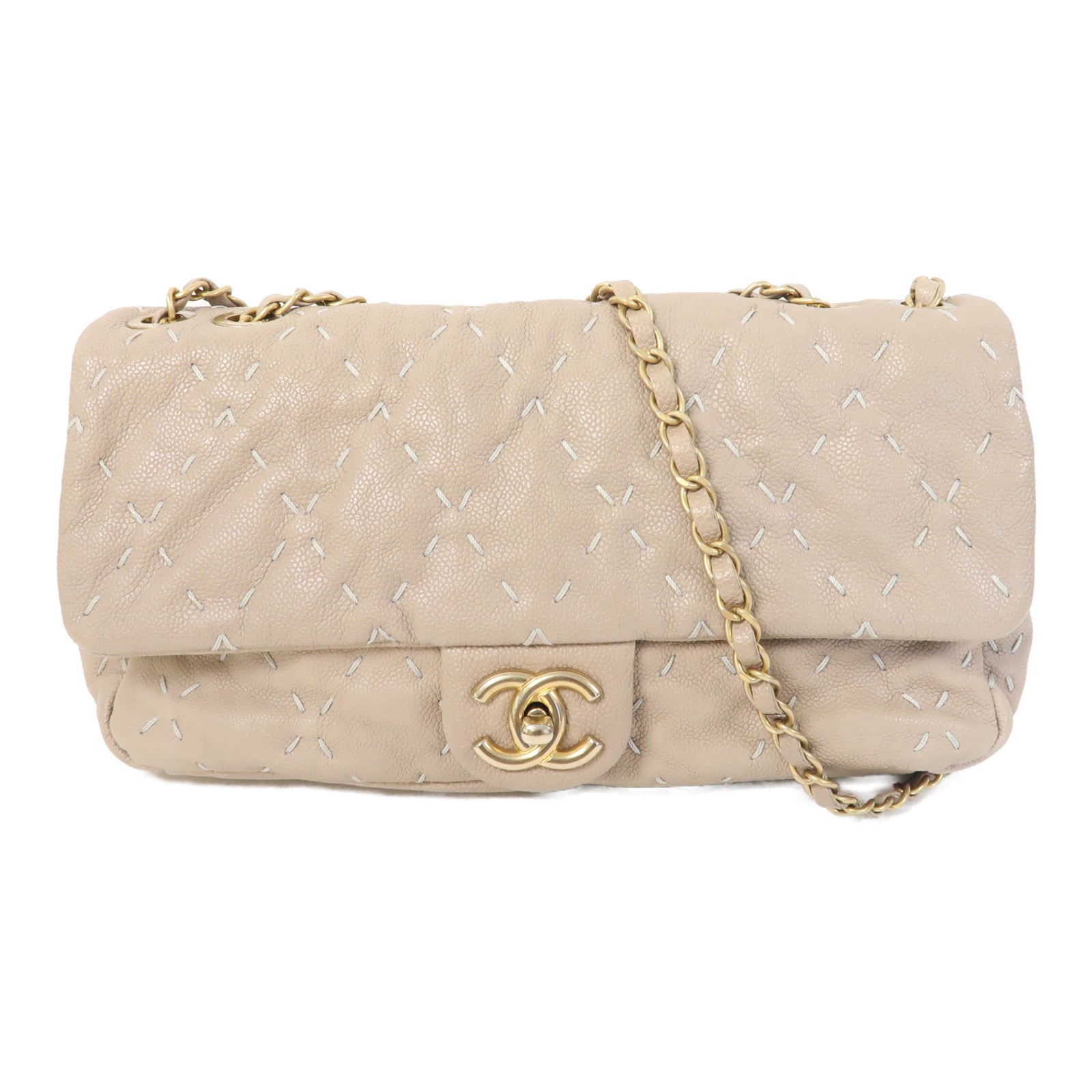 CHANEL 【激減優惠】牛皮皮革Flap Bag金扣鏈帶肩背袋米色