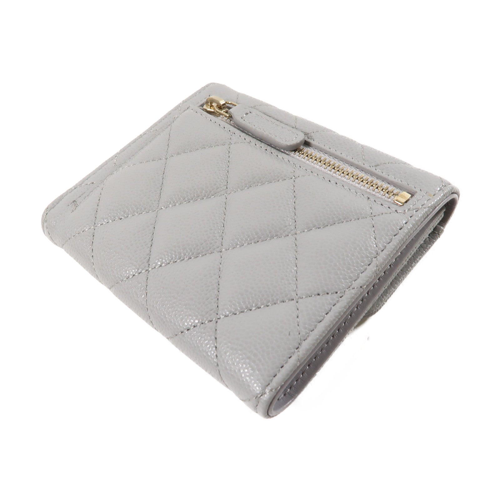 CHANEL 菱格Caviar Classic Fold Wallet金扣折疊錢包灰色