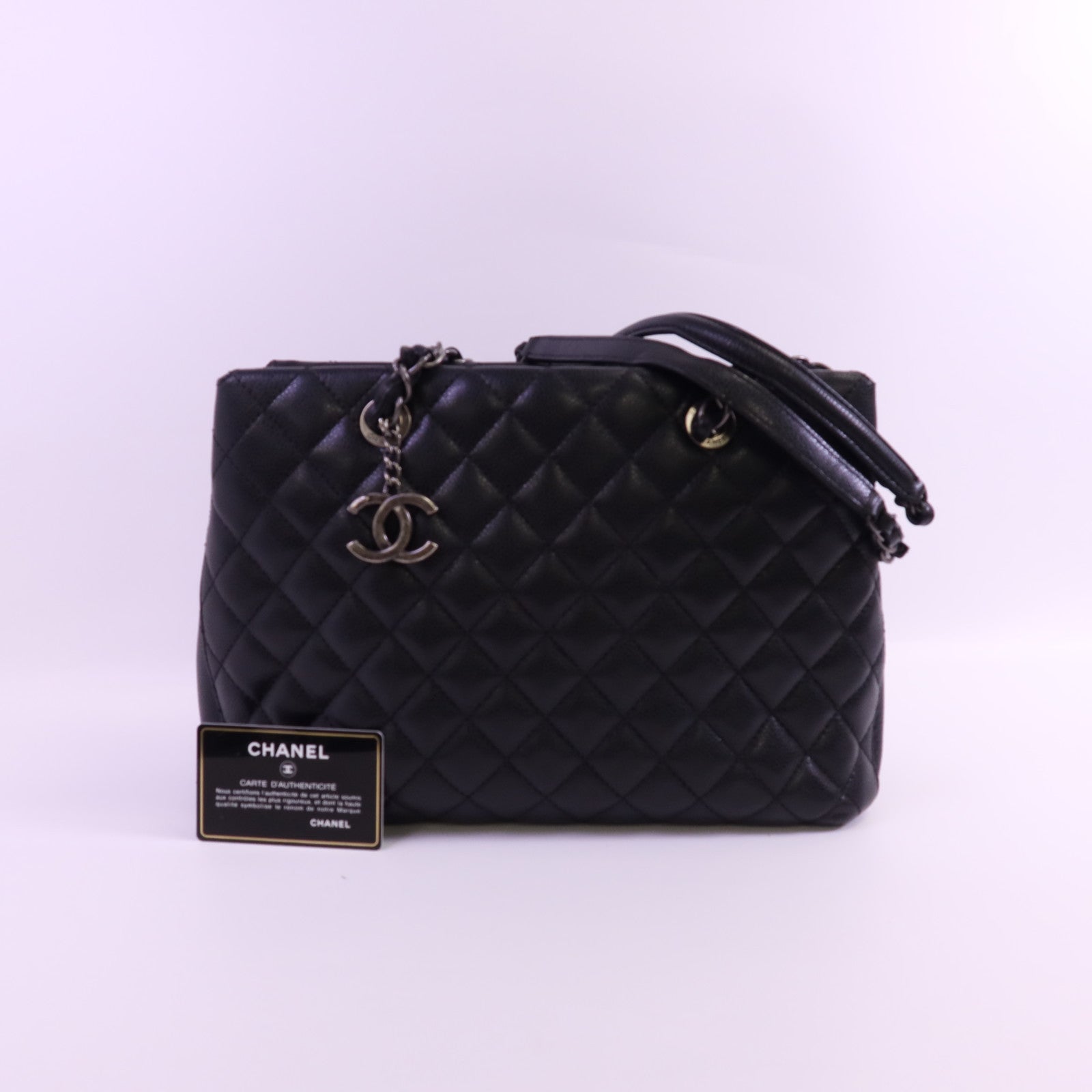 CHANEL 牛皮皮革Tote Bag銀扣鏈帶肩背袋