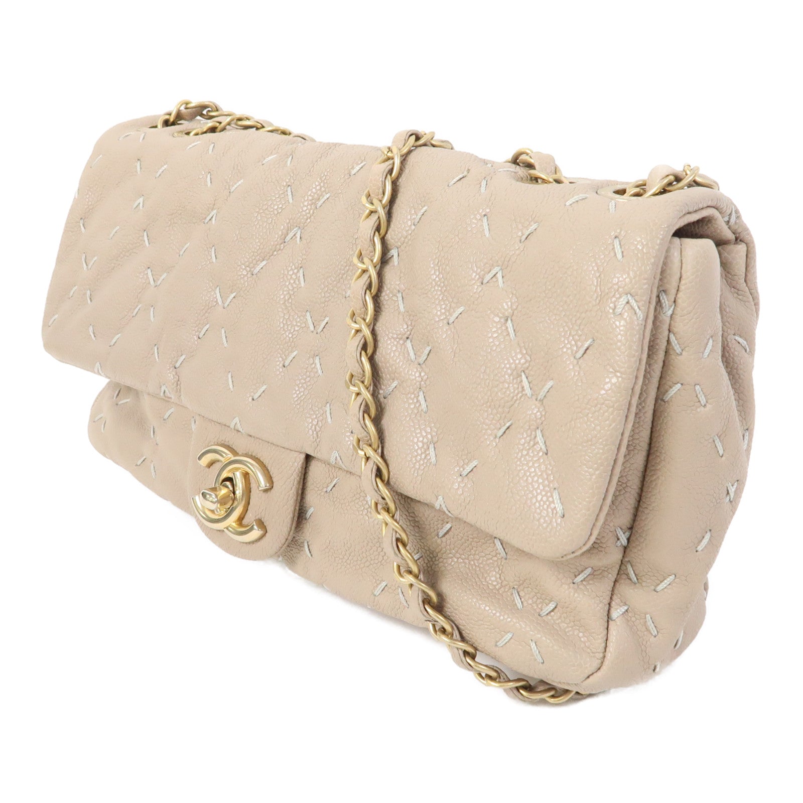 CHANEL 【激減優惠】牛皮皮革Flap Bag金扣鏈帶肩背袋米色