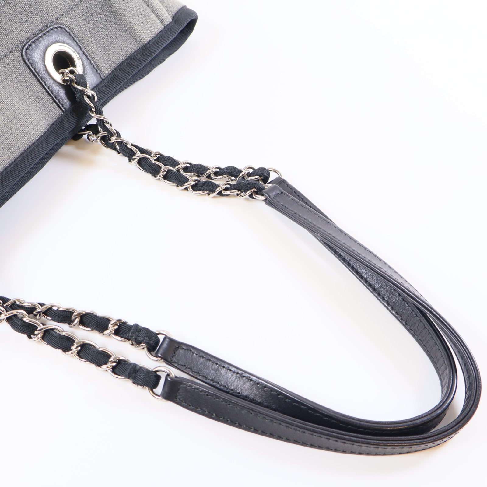 CHANEL 帆布Tote Bag銀扣肩背袋灰色/黑色