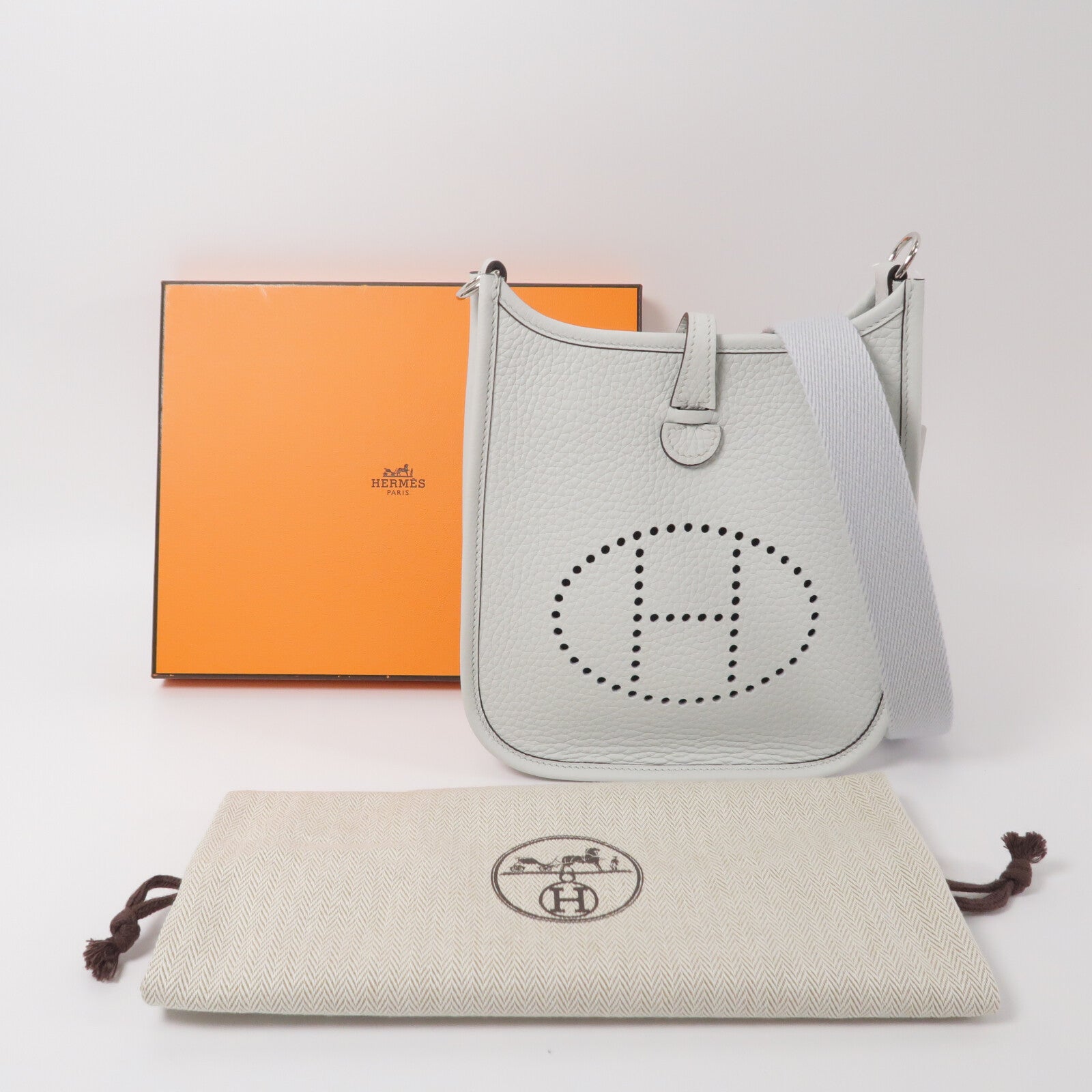 HERMES Clemence皮革Mini Evelyne手挽肩背兩用袋Gris Platine