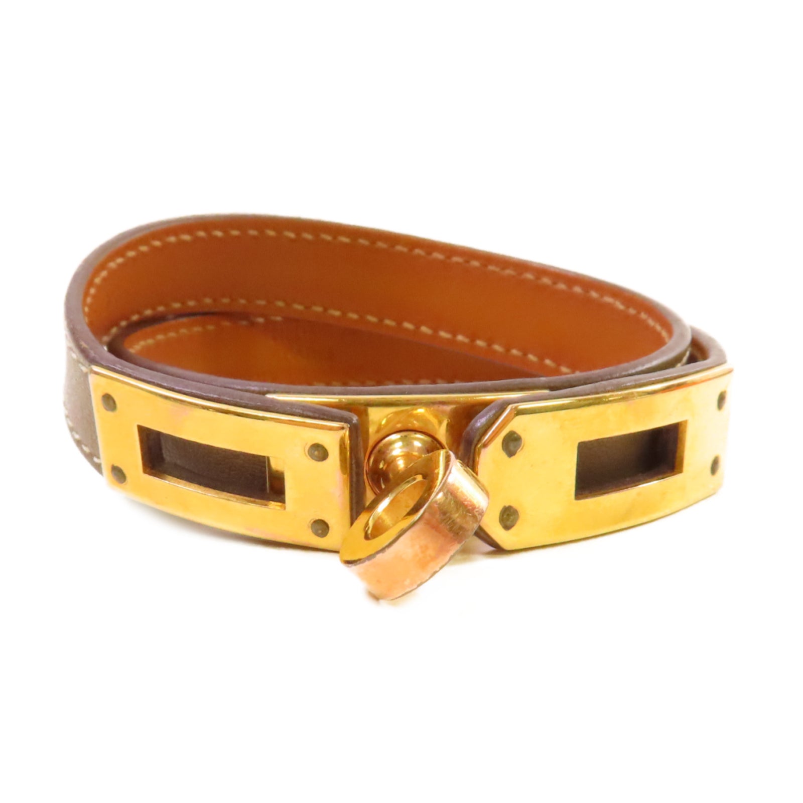 HERMES Swift皮革Kelly Double Tour Bracelet金扣手鐲啡色#T3
