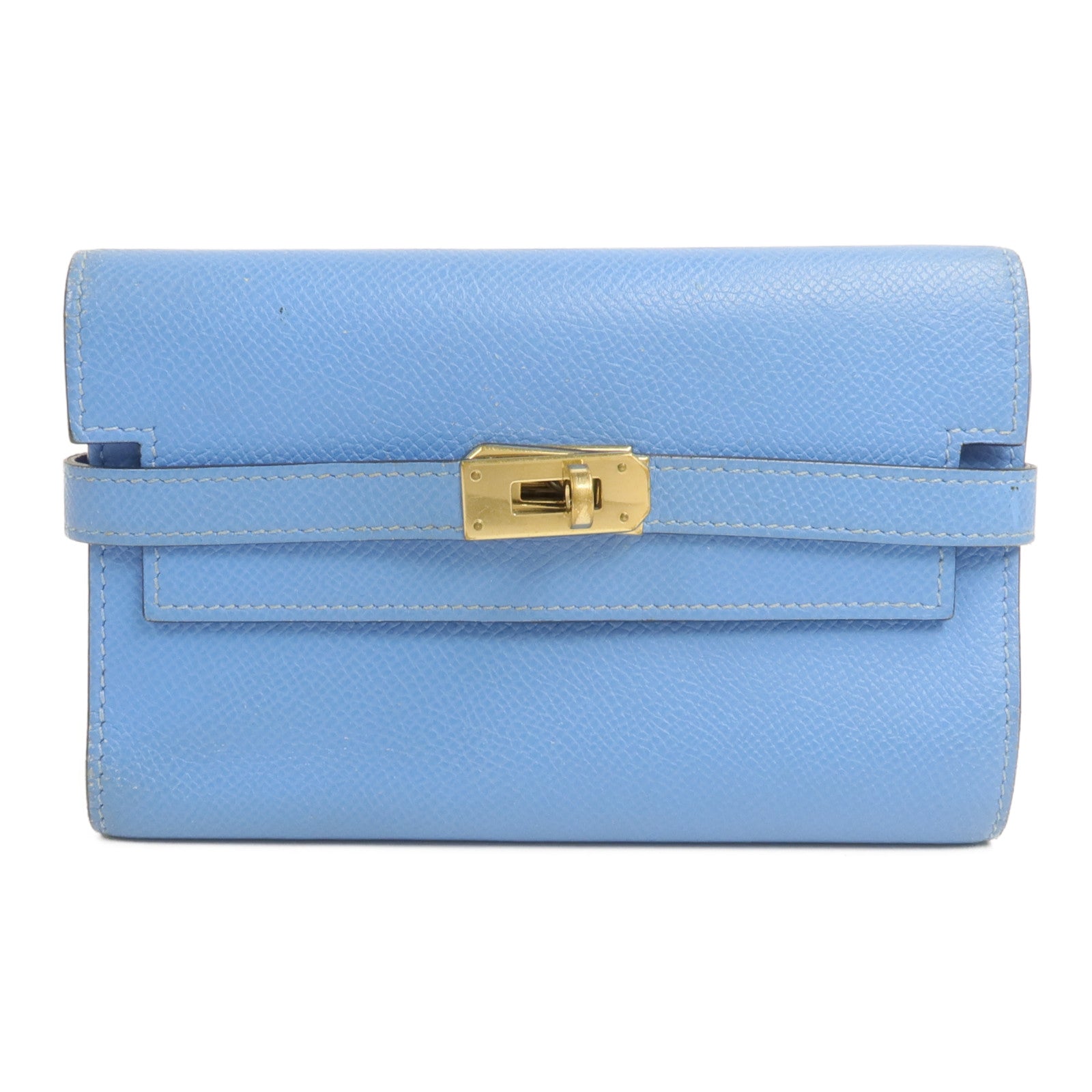 HERMES Epsom皮革Kelly Compact Wallet長錢包Bleu Paradis