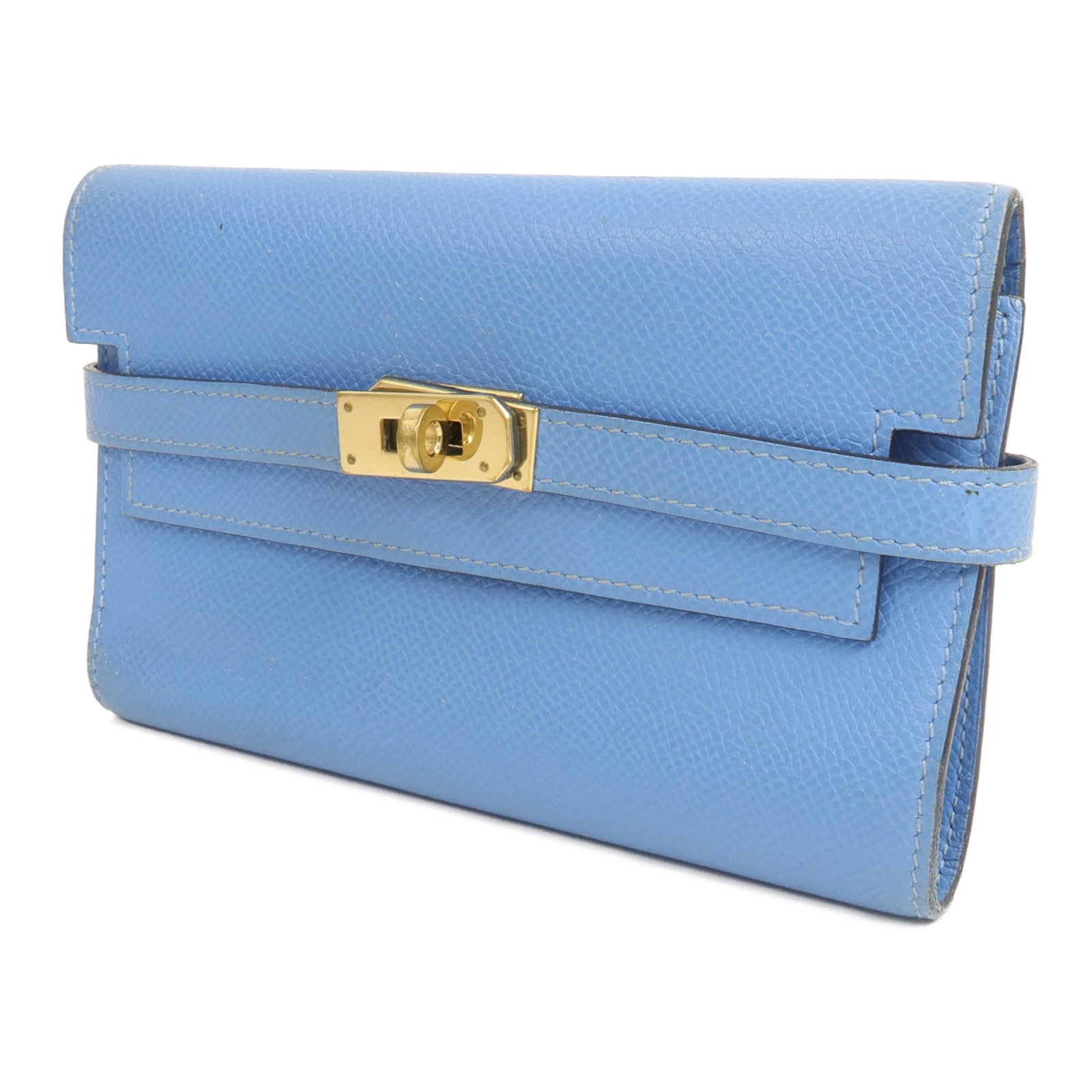 HERMES Epsom皮革Kelly Compact Wallet長錢包Bleu Paradis
