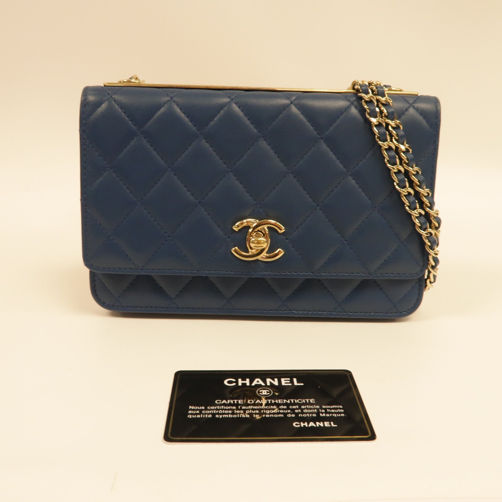CHANEL 菱格羊皮皮革WOC Wallet On Chain金扣鏈帶肩背袋藍色