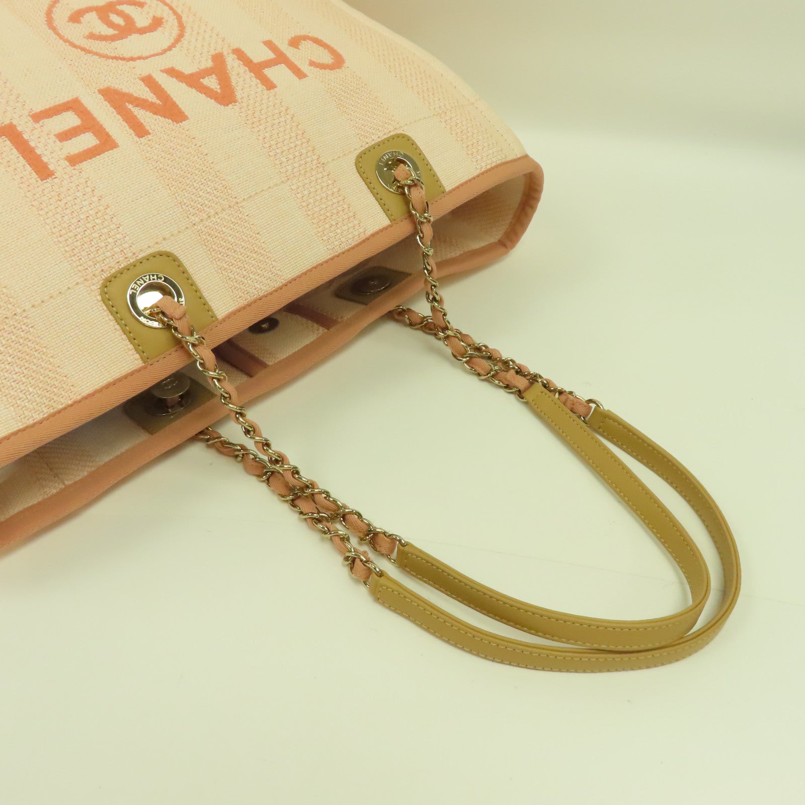 CHANEL 【激減優惠】帆布Deauville Tote金扣鏈帶手挽袋粉紅色