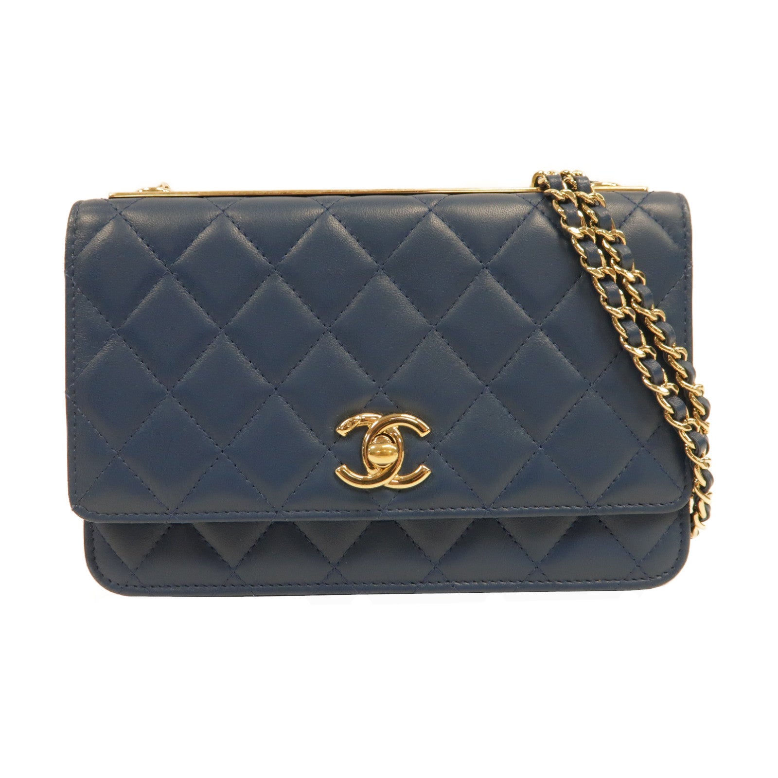 CHANEL 菱格羊皮皮革WOC Wallet On Chain金扣鏈帶肩背袋藍色