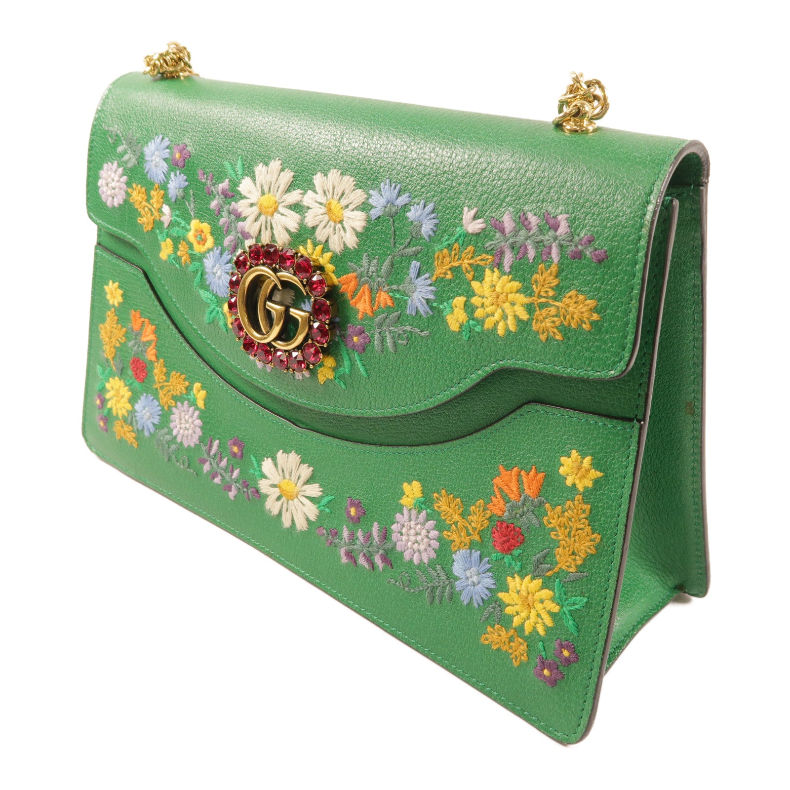 GUCCI 牛皮皮革Ricami Embroidered Bag金扣鏈帶肩背袋