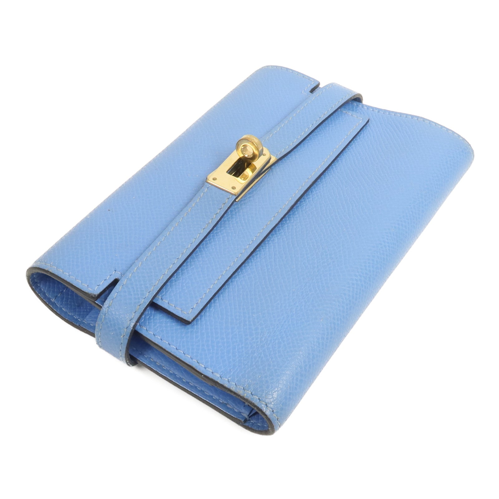HERMES Epsom皮革Kelly Compact Wallet長錢包Bleu Paradis