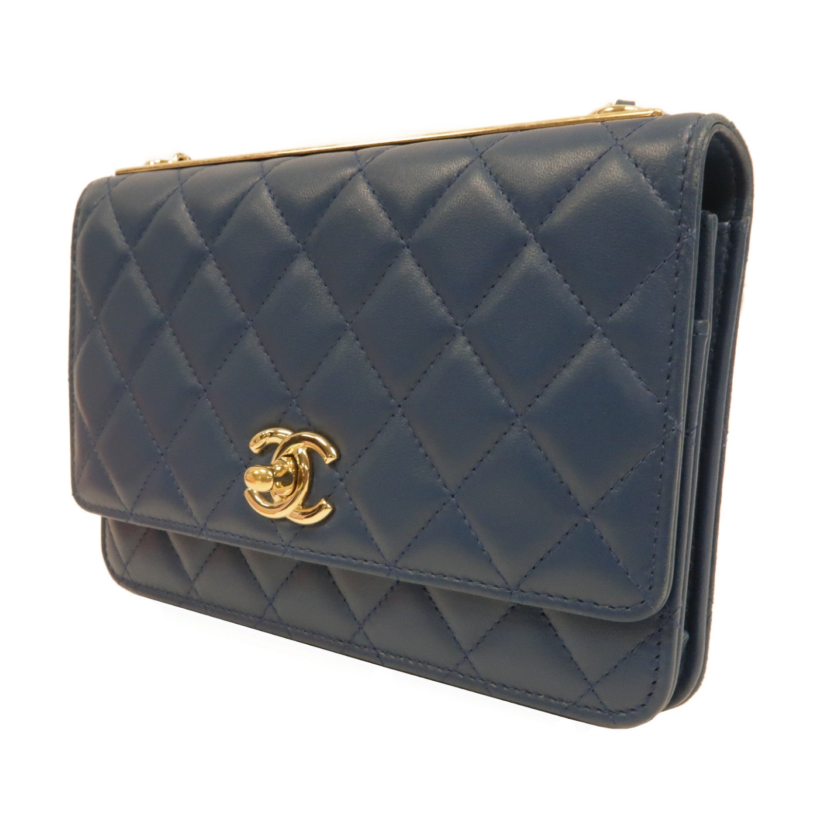 CHANEL 菱格羊皮皮革WOC Wallet On Chain金扣鏈帶肩背袋藍色