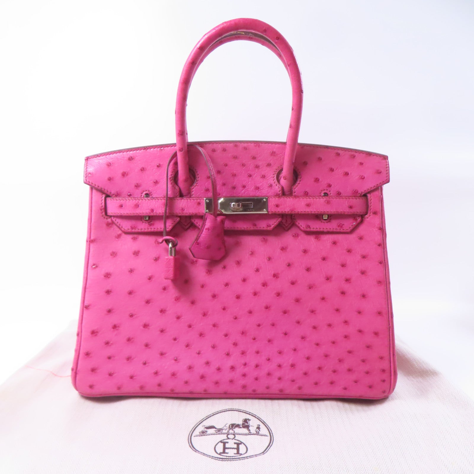 HERMES 鴕鳥皮革Birkin 30銀扣手挽袋粉紅色