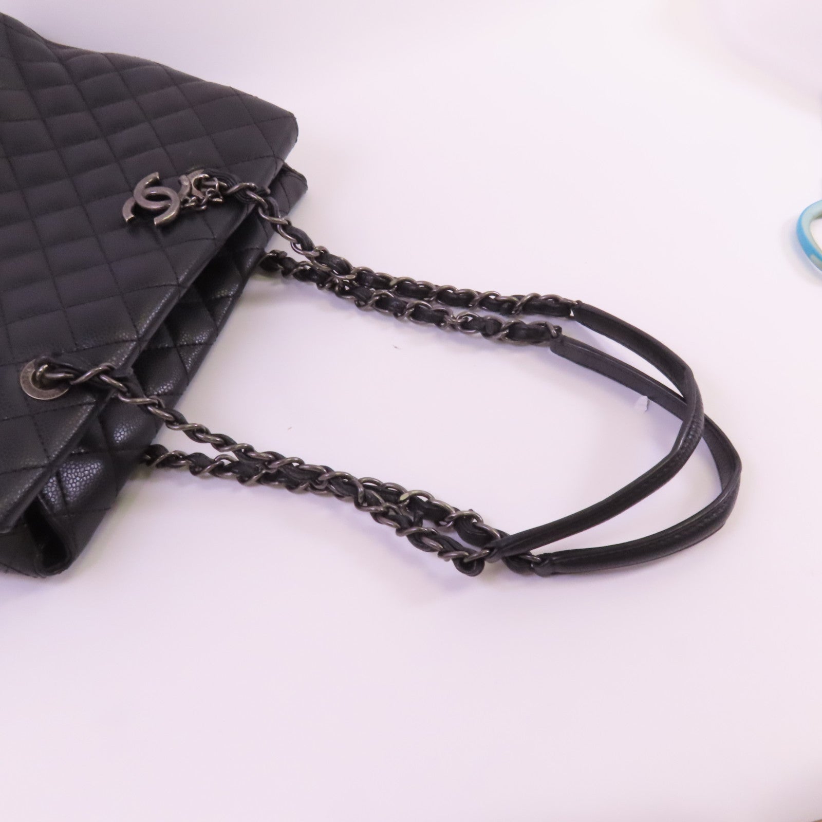 CHANEL 牛皮皮革Tote Bag銀扣鏈帶肩背袋